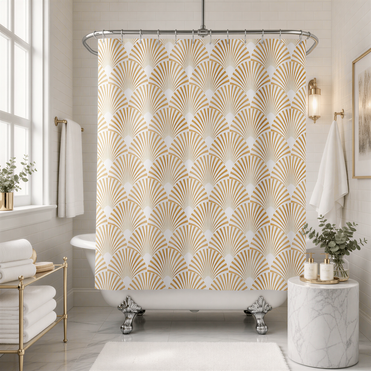 a bathroom with a white clawfoot bathtub, a shower curtain with a gold and white pattern, and a marble vanity table with a plant on top.