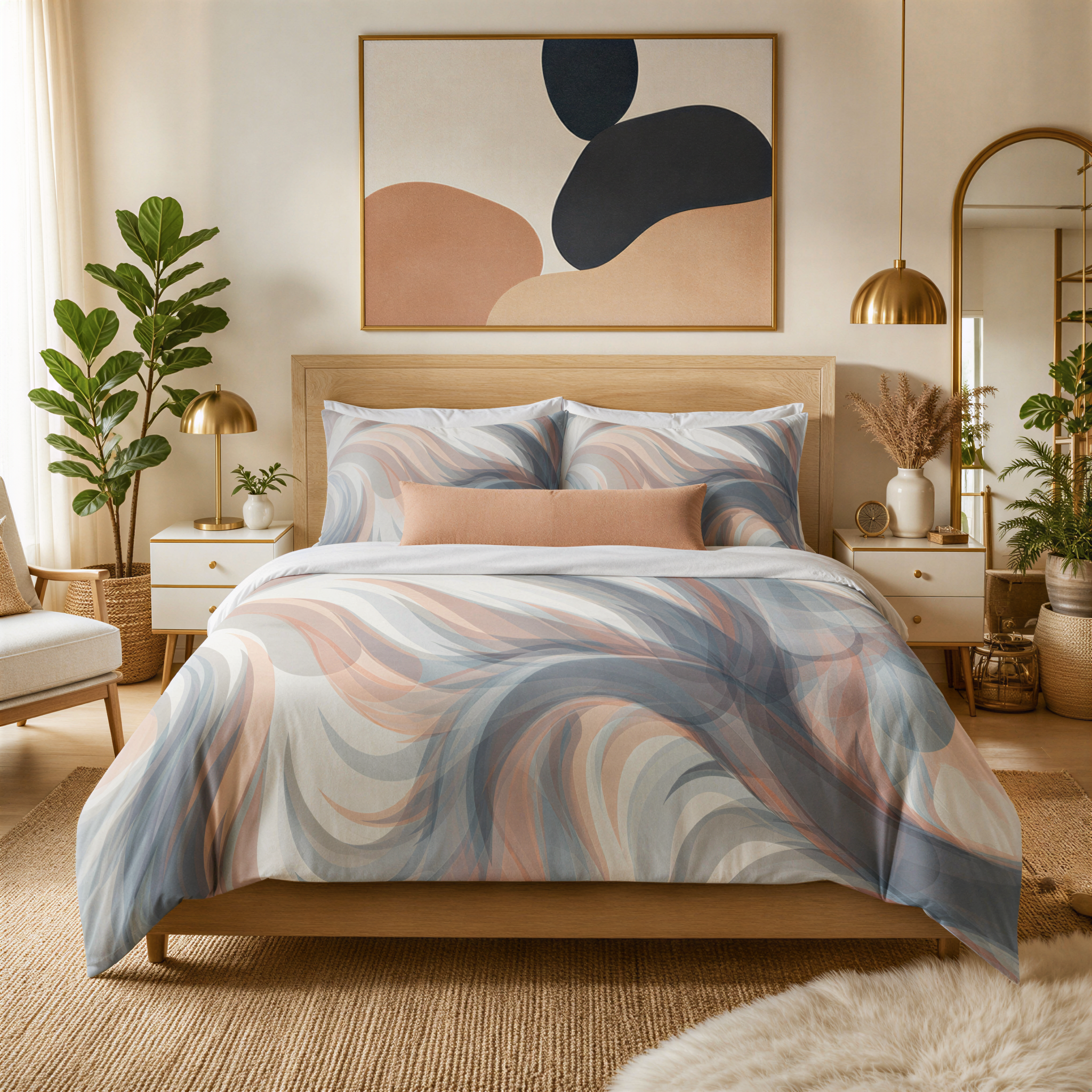 a well-decorated bedroom with a large bed, a wooden headboard, and a large abstract painting on the wall. The room also features several potted plants, a rug, and a mirror.