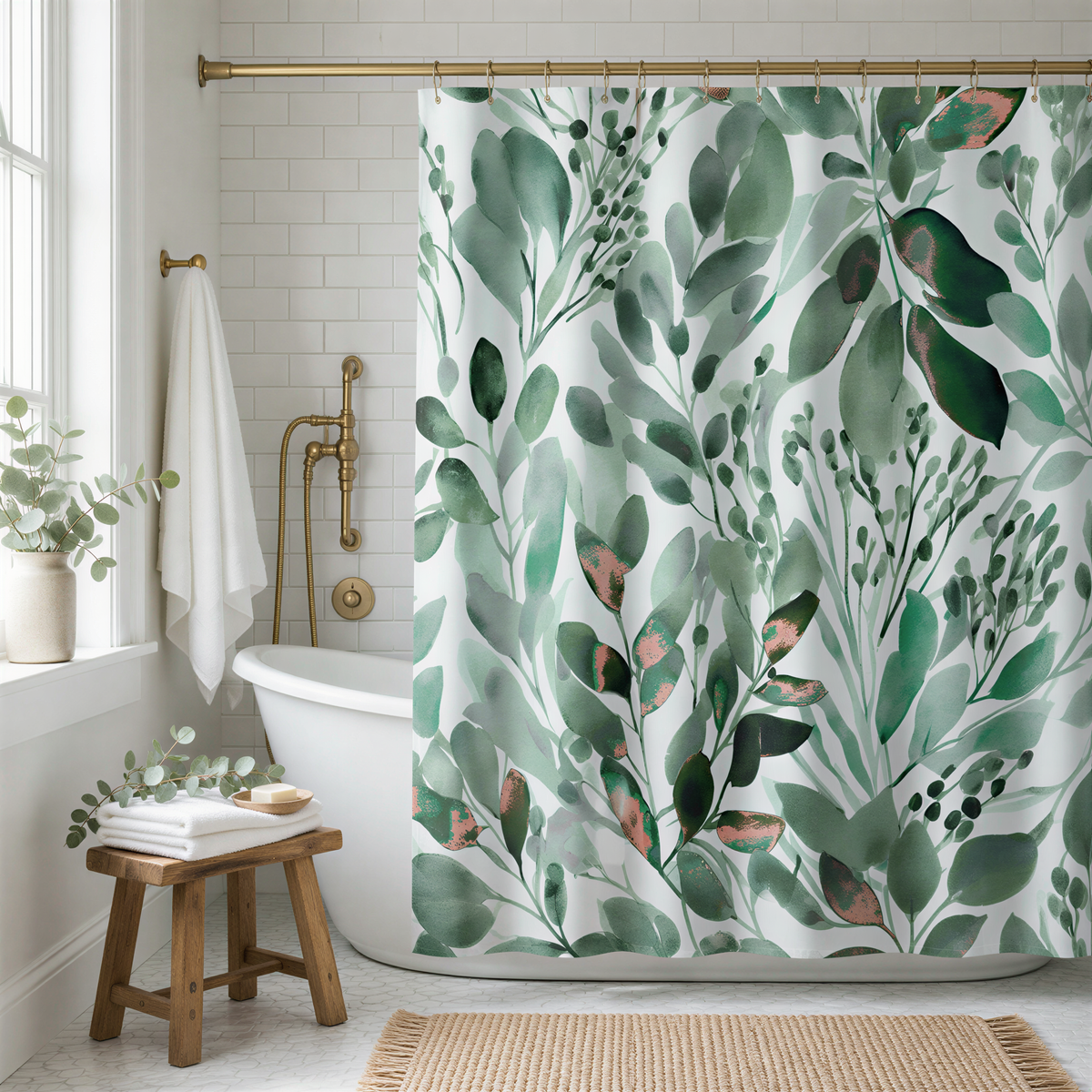 a bathroom with a white bathtub, a wooden stool, and a shower curtain with a green leaf pattern.