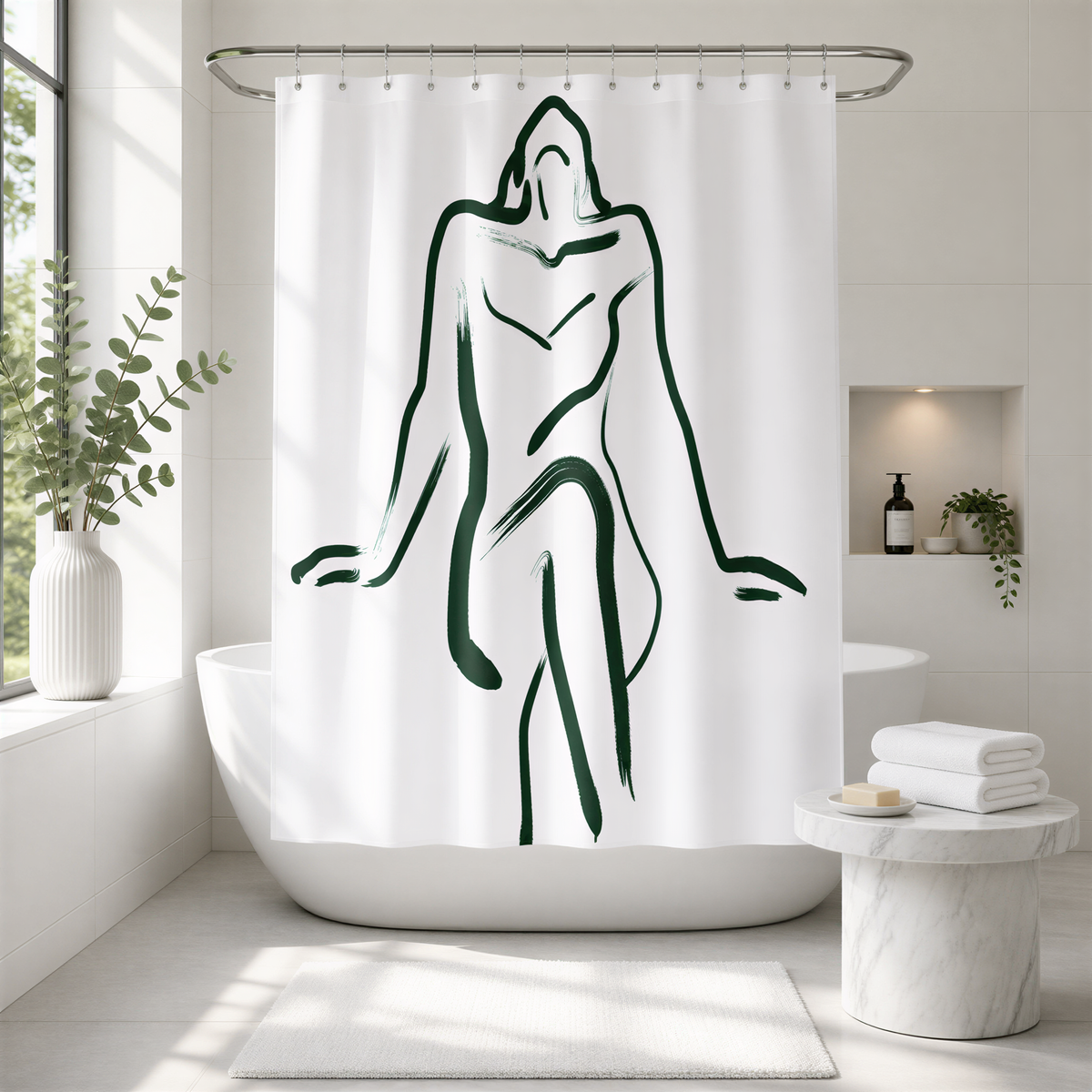 a bathroom with a white bathtub, a shower curtain featuring a stylized black and white figure, and various decorative elements such as a potted plant and a vase.