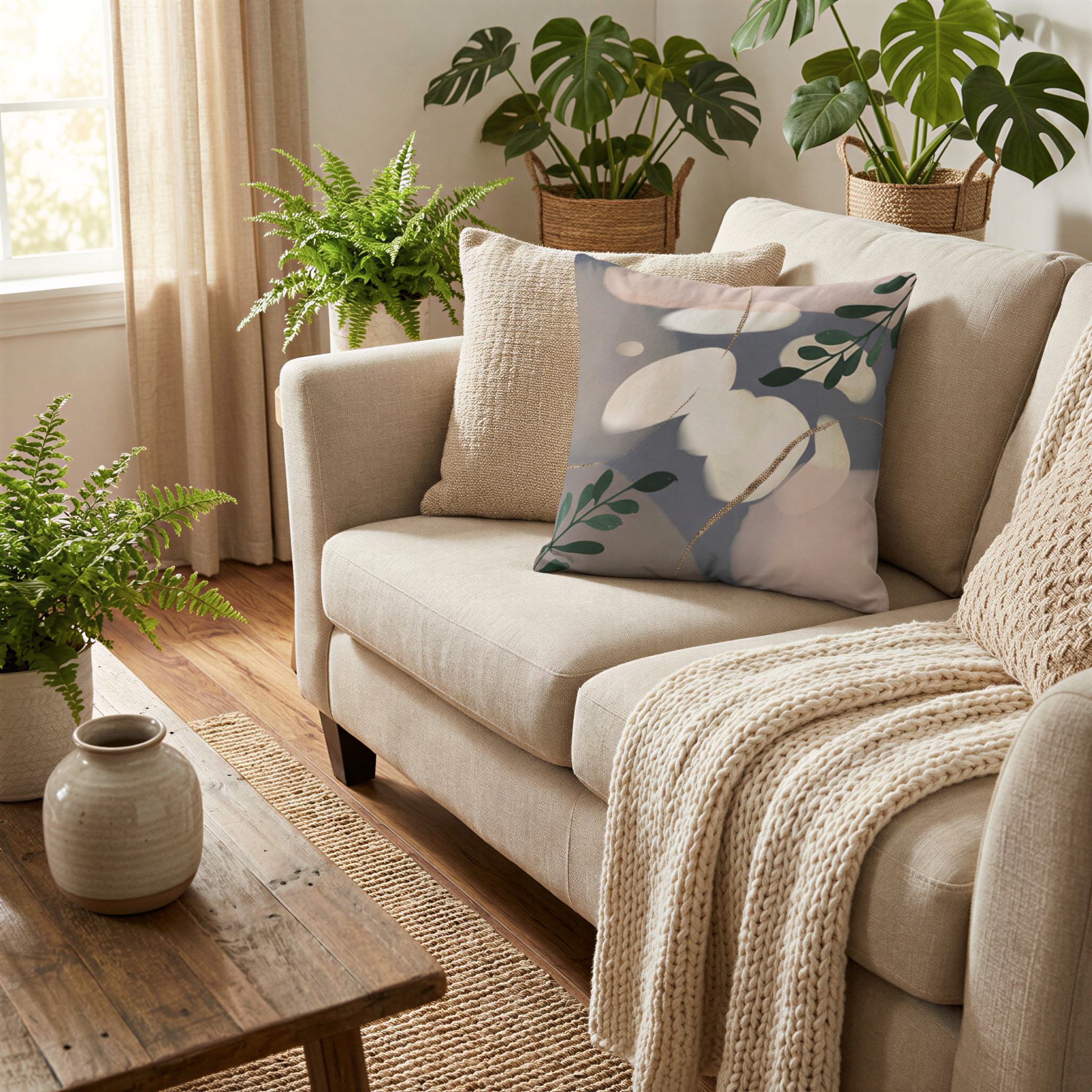 a cozy living room with a beige sofa adorned with a throw blanket and a decorative pillow featuring a leafy pattern. The room is decorated with potted plants and a wooden coffee table, creating a warm and inviting atmosphere.