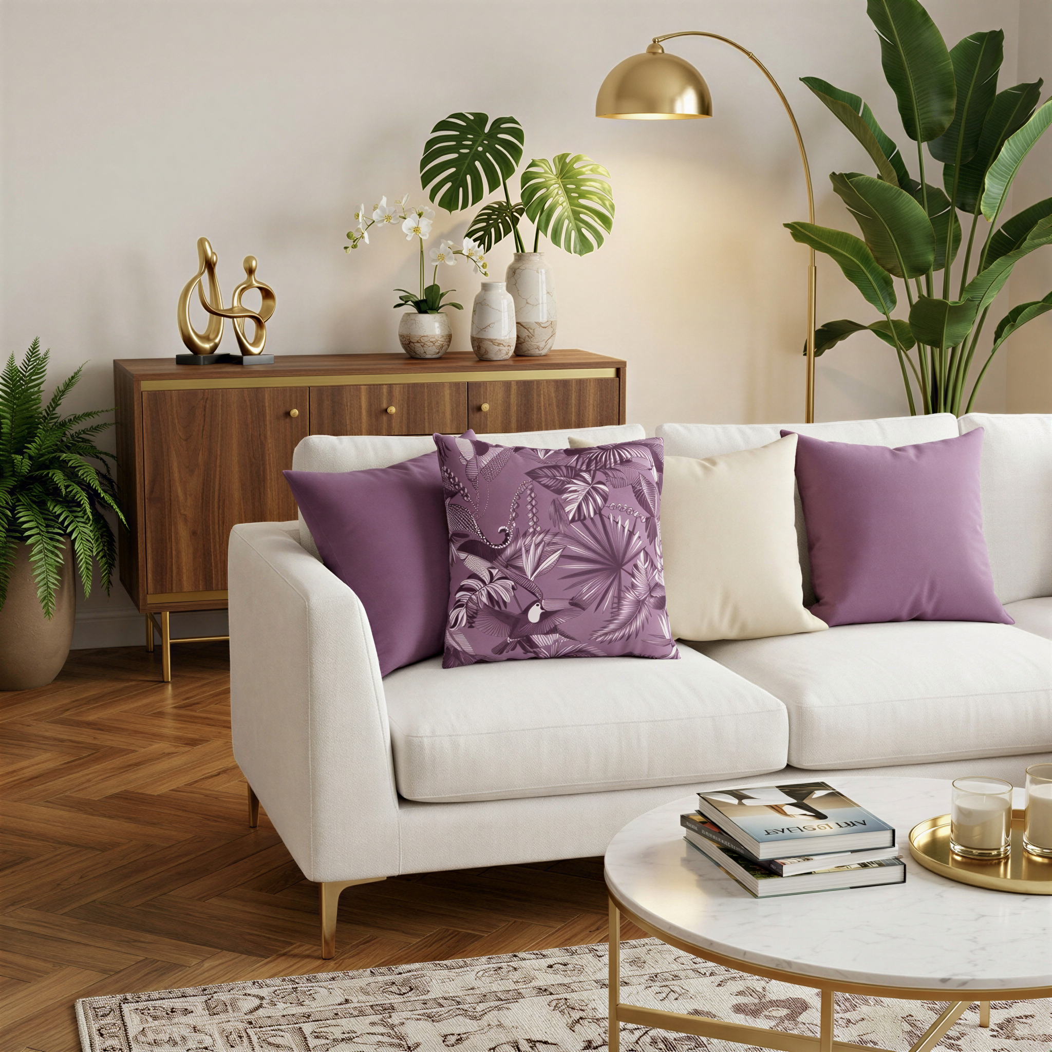 a well-decorated living room with a white sofa adorned with purple throw pillows, a wooden sideboard, and a large potted plant. The room also features a round coffee table with books and a vase of flowers, and a gold floor lamp providing soft lighting.