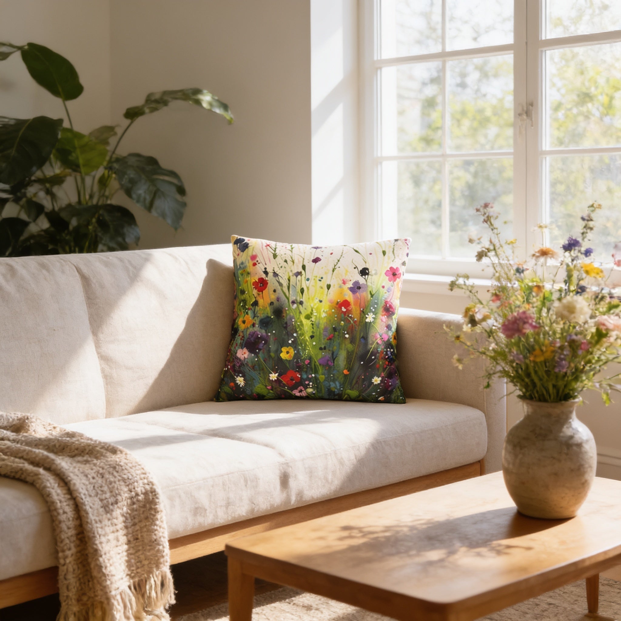 a cozy living room with a white sofa, a wooden coffee table, and a vase of colorful flowers on the table. The sofa is positioned near a window, allowing natural light to fill the space. The wooden coffee table adds a touch of warmth to the room, and the vase of flowers brings a vibrant and lively atmosphere to the space.