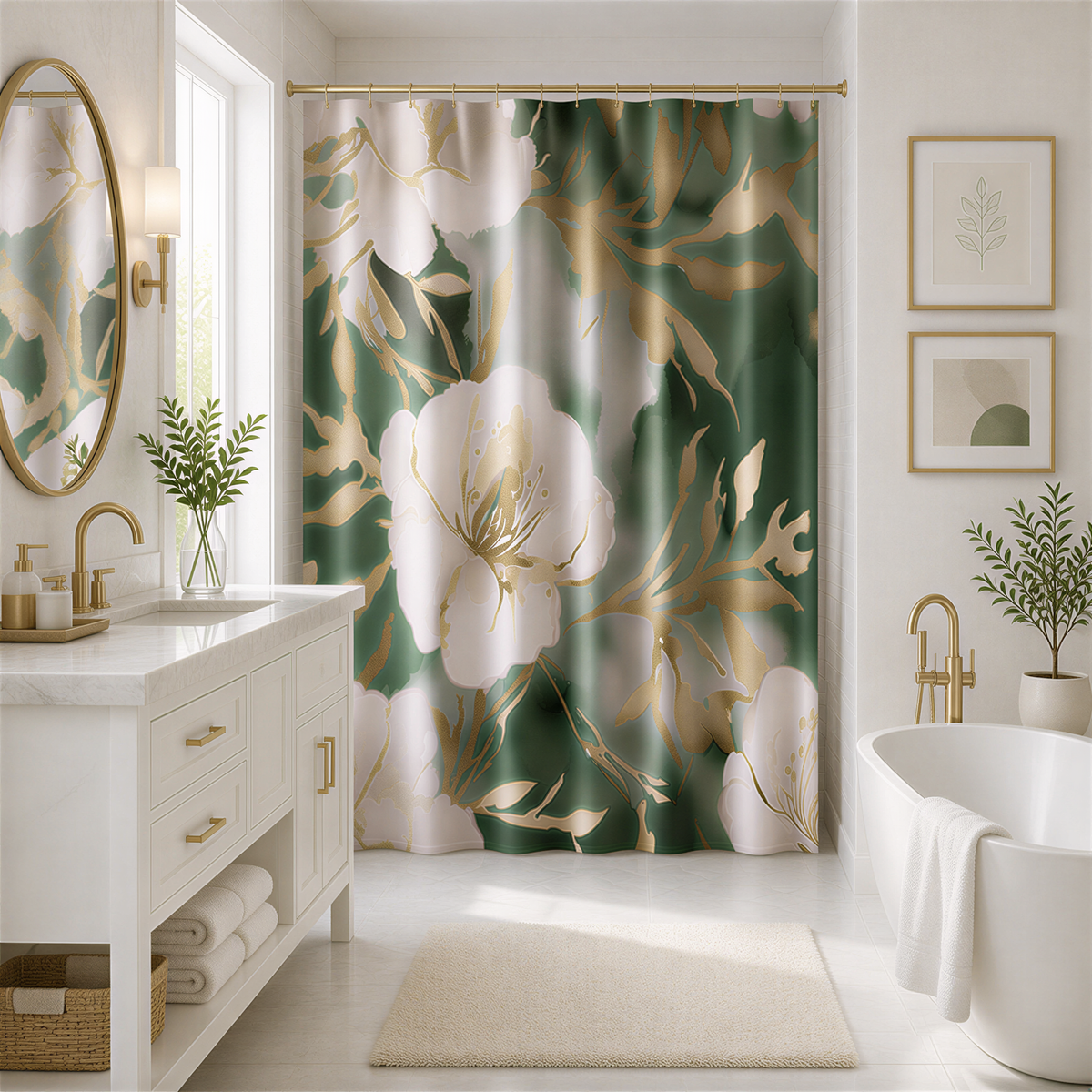 a luxurious bathroom with a large floral shower curtain, a white bathtub, a vanity with a mirror, and various decorative elements such as plants and artwork.