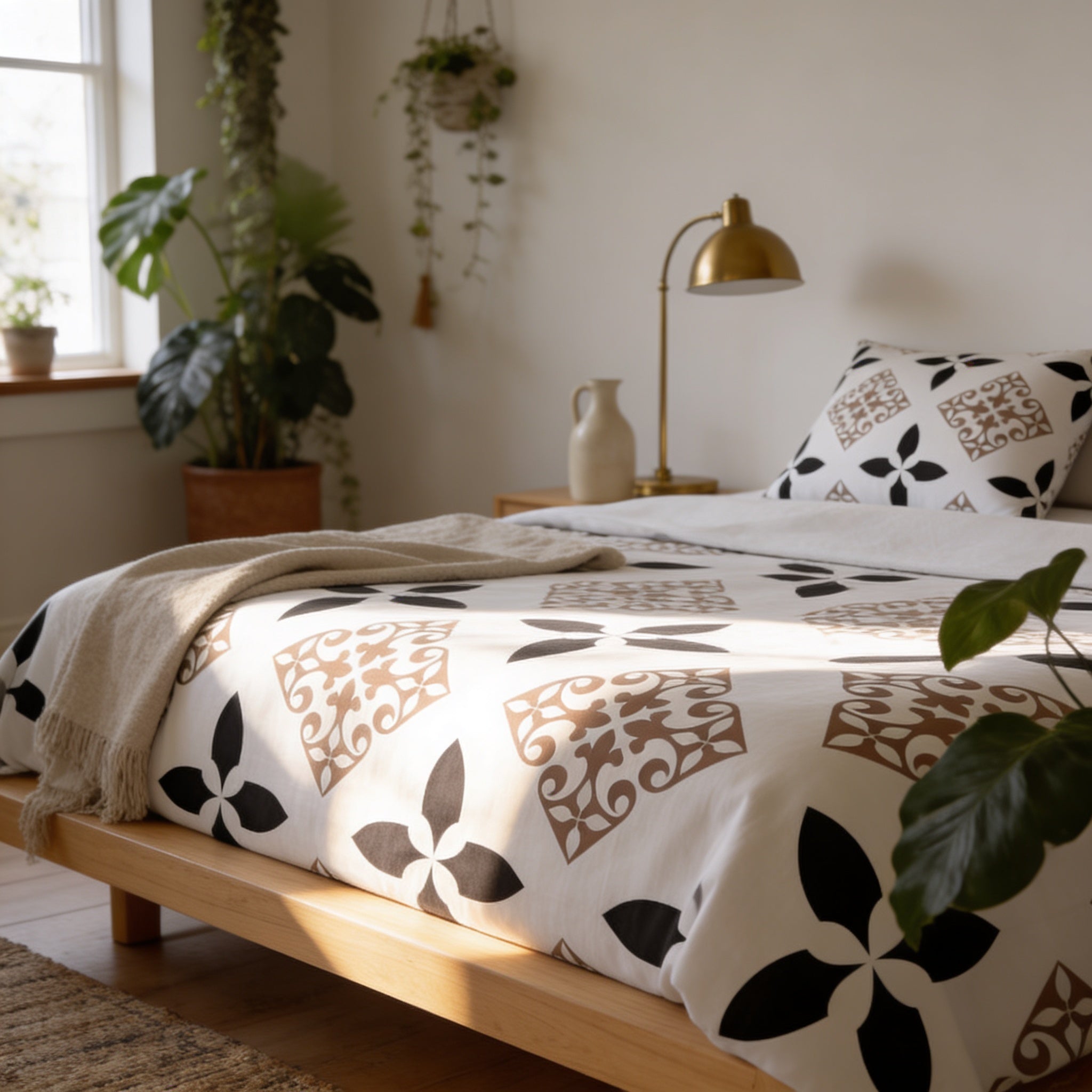 a cozy bedroom with a bed, a lamp, and several potted plants. The bed has a white and black patterned comforter and a matching pillow. The room has a warm and inviting atmosphere, with natural light coming in from a window and the plants adding a touch of greenery.