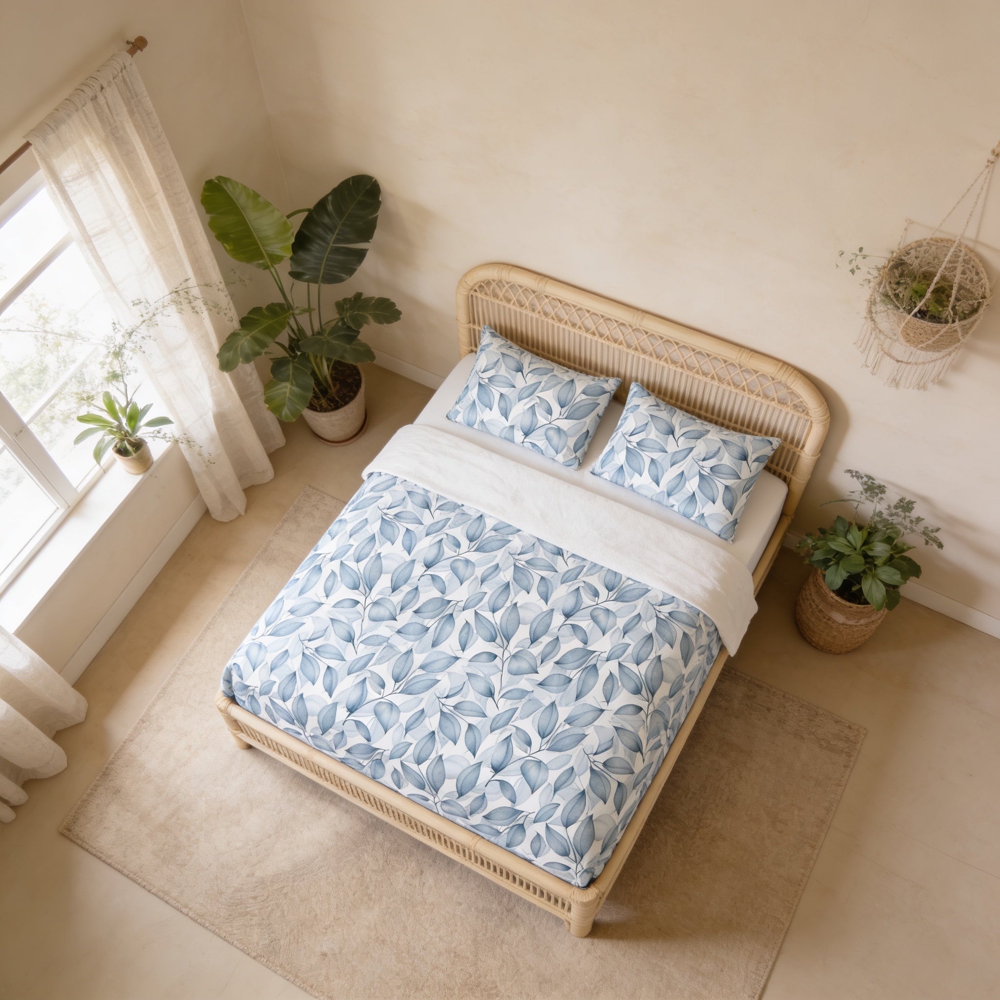 a bedroom with a bed, a window, and two potted plants. The bed has a blue and white leaf patterned bedspread and matching pillows. The window is located on the left side of the room, and the potted plants are placed on the right side, near the window.