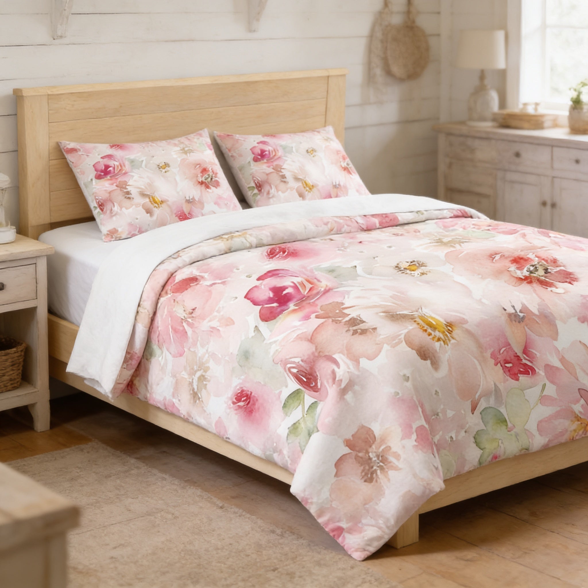 a bedroom with a bed covered in a floral comforter and pillows. The bed is positioned against a wall with a window, and there is a dresser nearby. The overall color scheme of the room is predominantly white and pink, creating a cozy and inviting atmosphere.