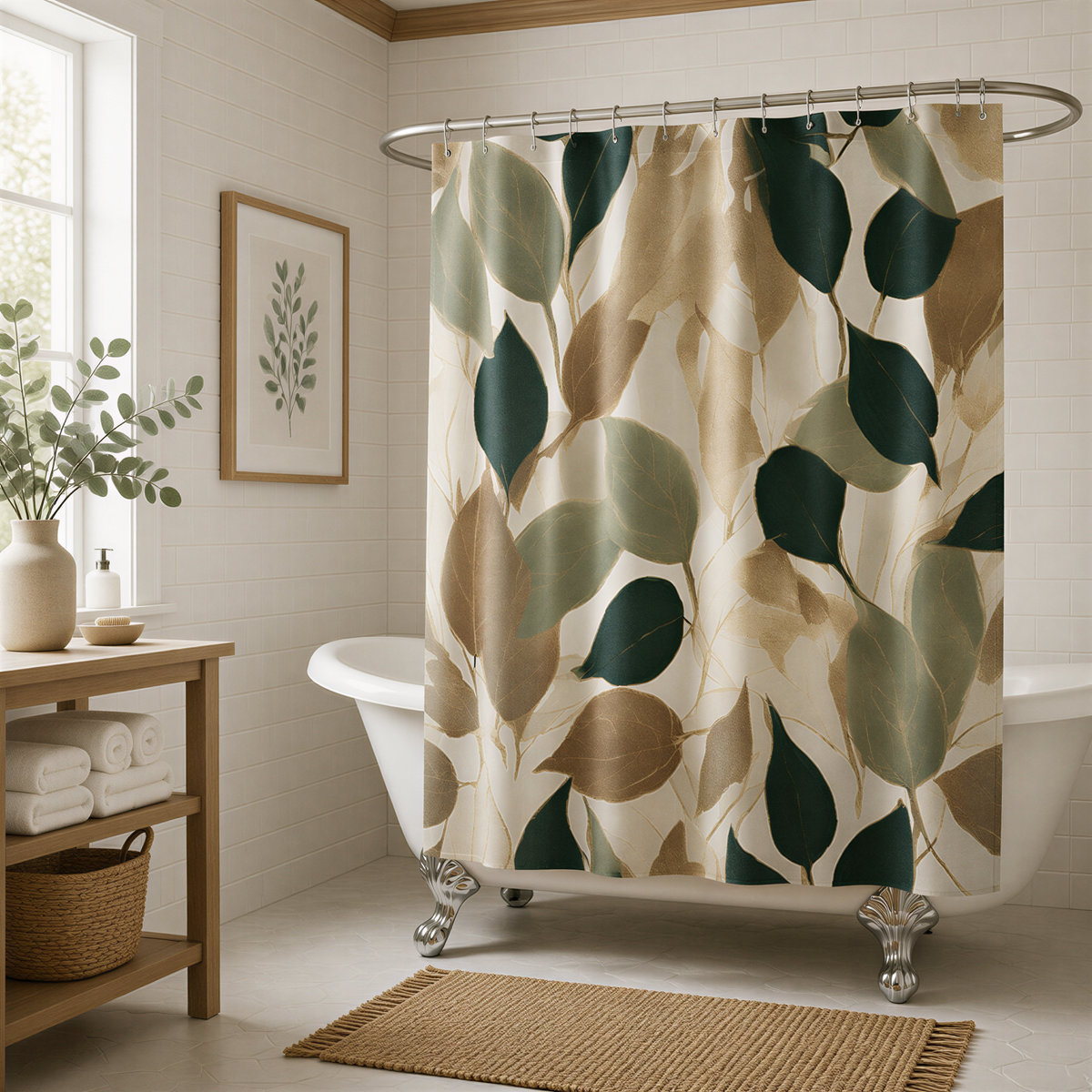 a bathroom with a white bathtub, a shower curtain with a leaf pattern, and a framed plant on the wall.