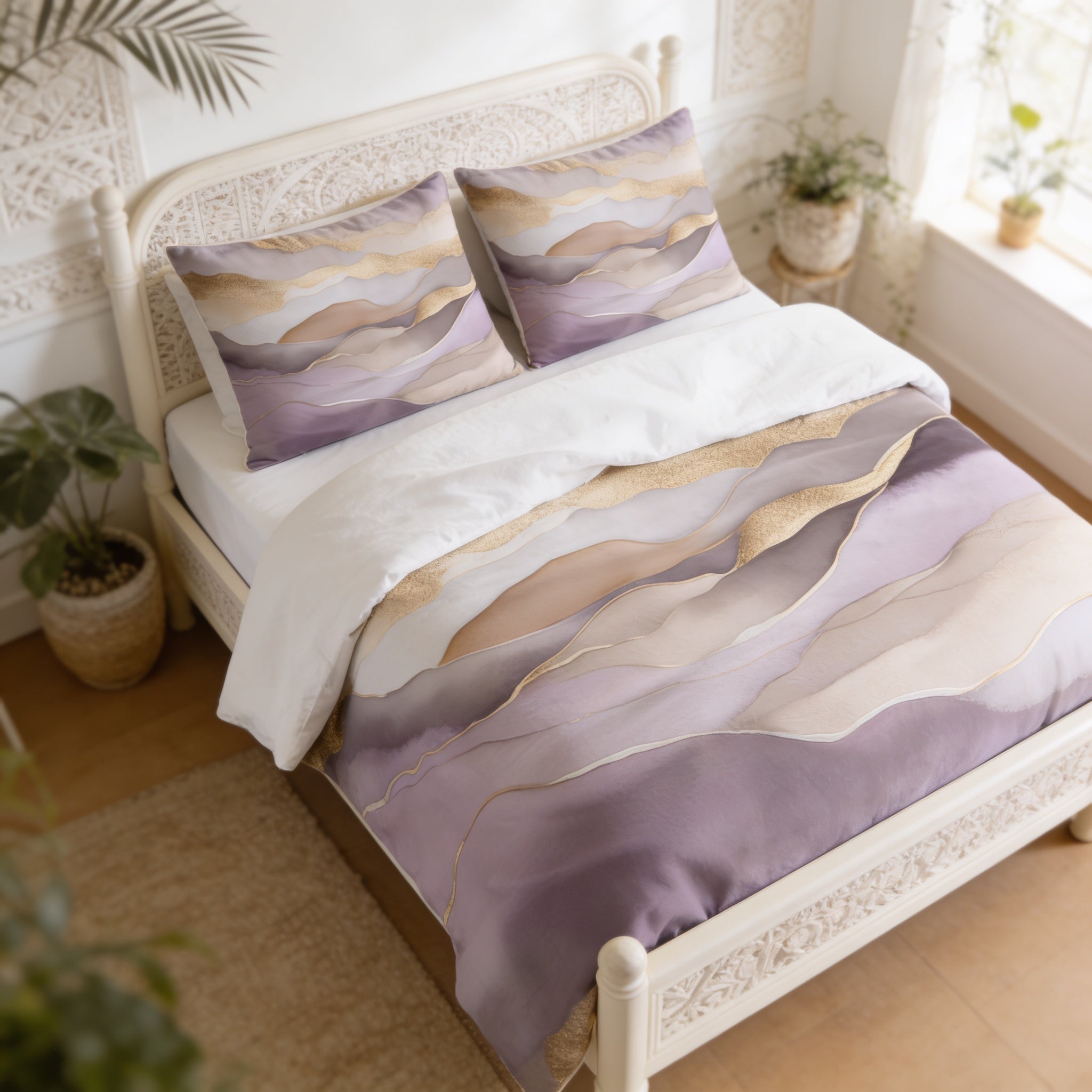 a bedroom with a bed featuring a purple and gold color scheme. The bed has a white headboard and footboard, and the bedding has a marble-like pattern in shades of purple and gold. The room also includes a window, potted plants, and a rug, creating a cozy and inviting atmosphere.