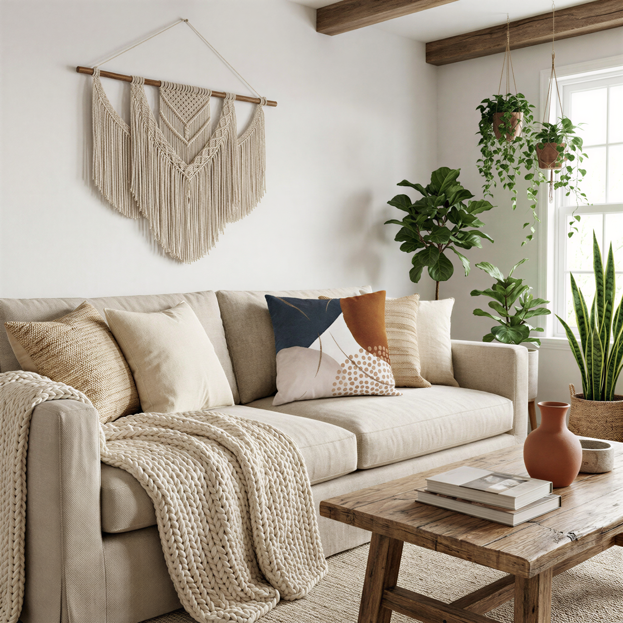 a cozy living room with a beige sofa adorned with throw pillows and a blanket, a wooden coffee table, and a hanging macrame wall decoration. The room is decorated with potted plants and a vase, creating a warm and inviting atmosphere.