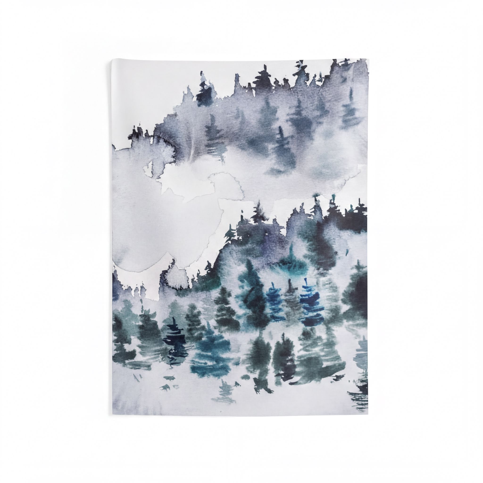 Landscape Tapestry Indigo Blue Grey Woodland Forest hanging on a wall