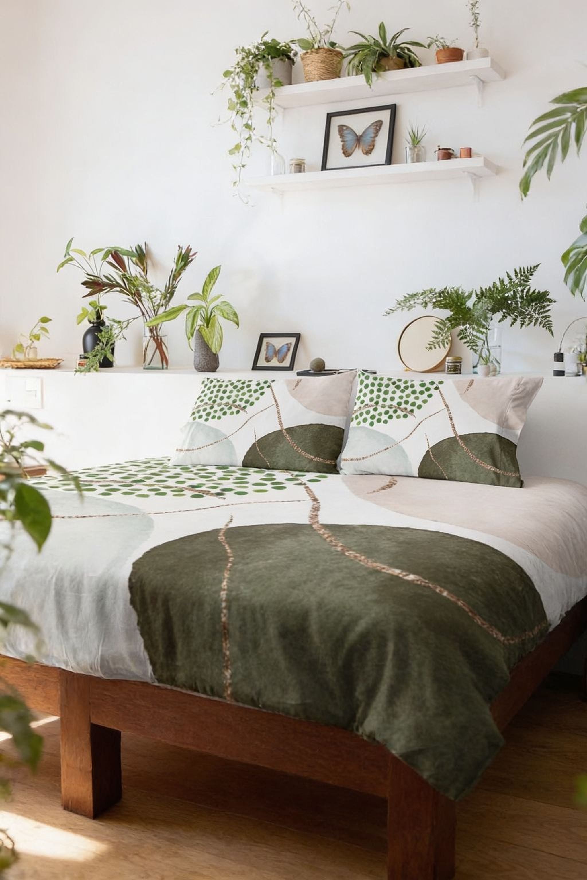 a cozy and inviting bedroom with a bed adorned with a green and white patterned comforter and pillows. The room is decorated with various plants and shelves displaying decorative items, creating a harmonious and natural atmosphere.