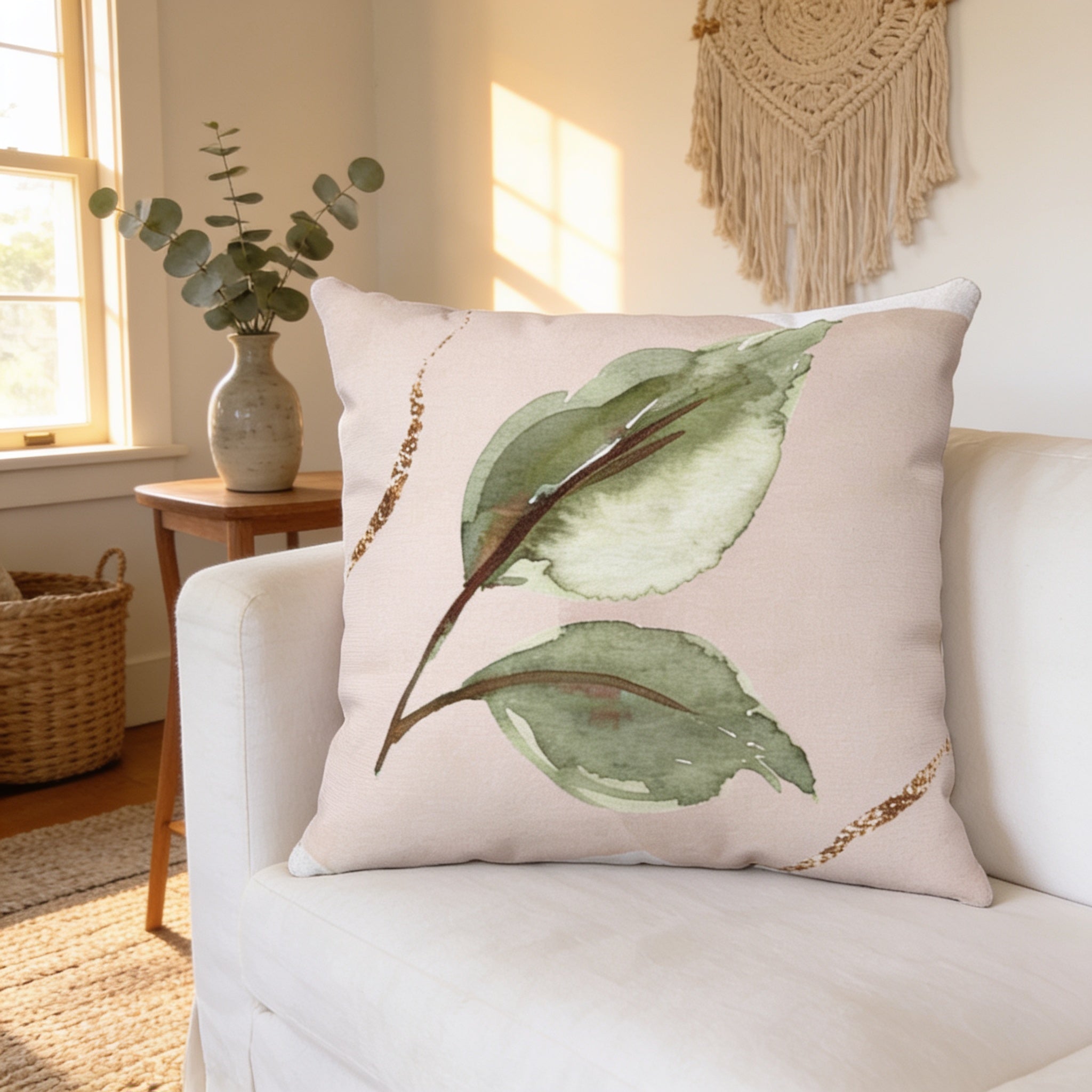 a living room with a white couch and a decorative pillow with a leaf design on it. There is a vase of greenery and a woven basket nearby, adding to the cozy and natural atmosphere of the space.