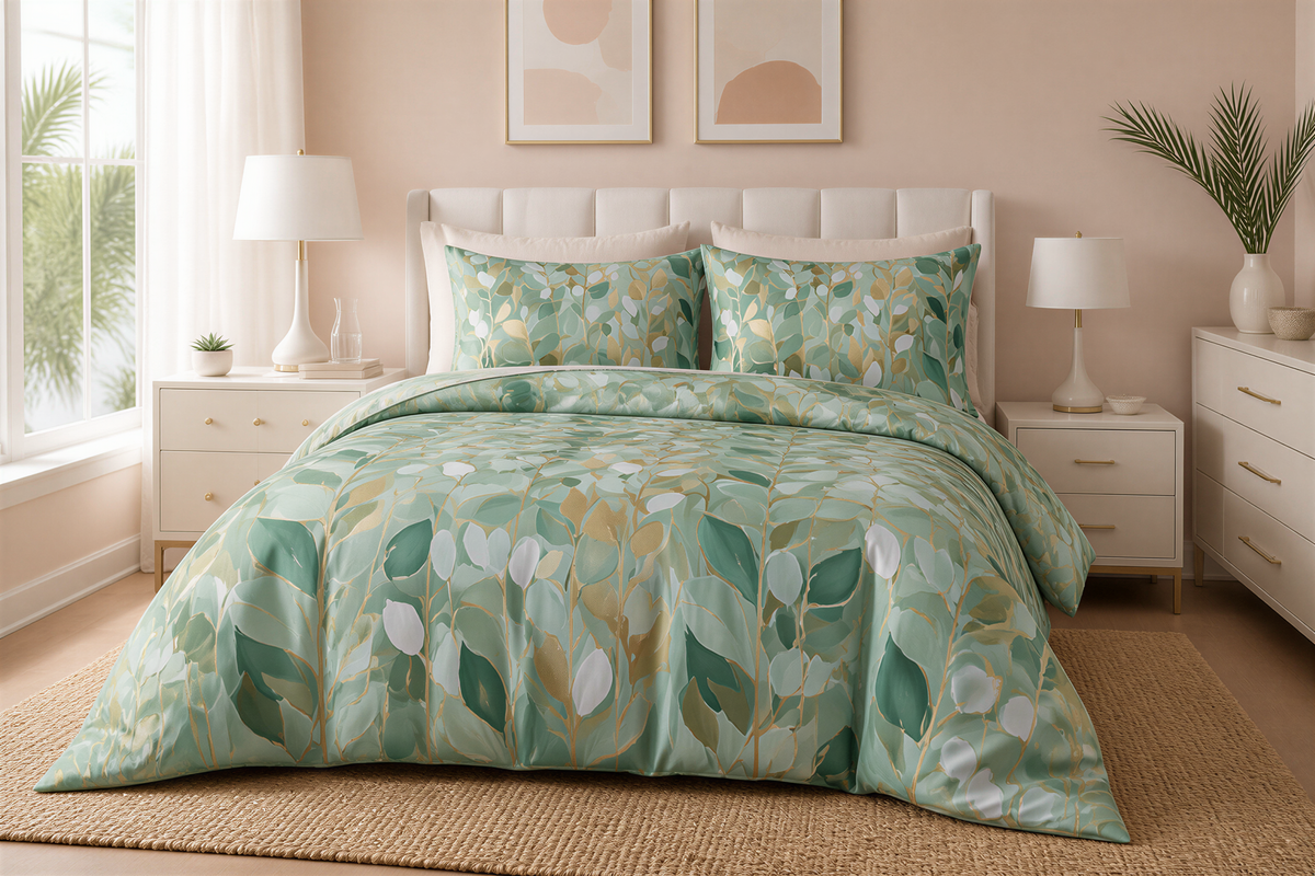a bedroom with a large bed, white nightstands, and a large window. The bed is covered in a green and white leaf-patterned comforter and pillows. The room has a neutral color scheme with white walls and a beige rug. There are two framed pictures on the wall above the bed.
