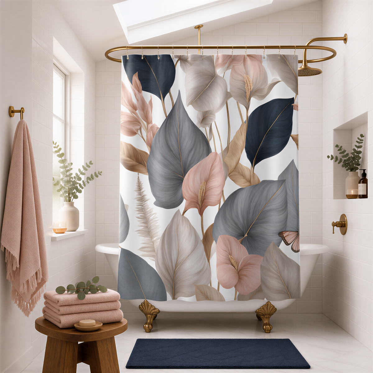 a bathroom with a shower curtain featuring a floral pattern in shades of pink, blue, and gray. The bathroom is well-decorated with a wooden stool, a vase of greenery, and a potted plant. The overall design and color scheme create a serene and elegant atmosphere.