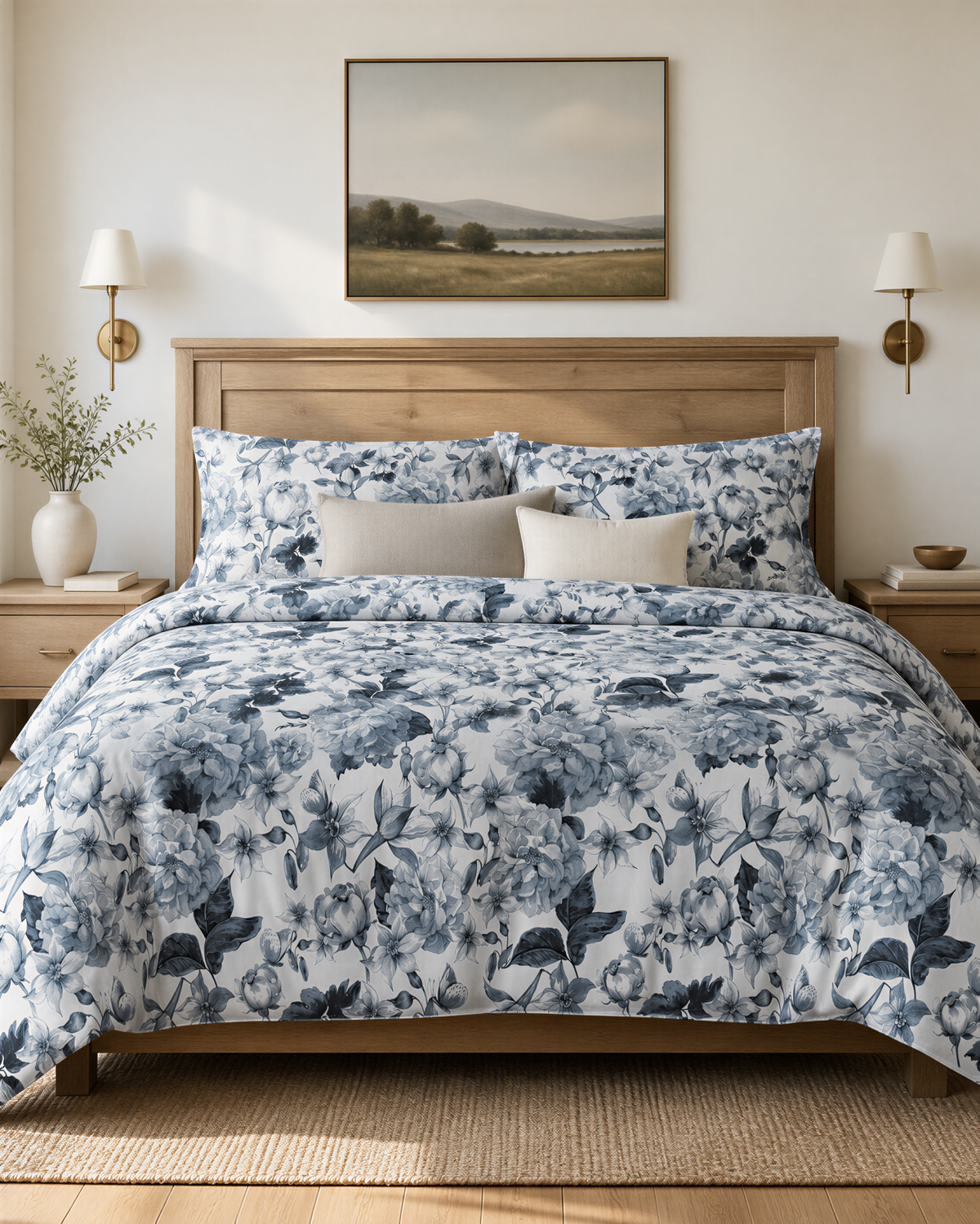 a bedroom with a large bed covered in a blue and white floral comforter. The bed is framed by a wooden headboard and has two nightstands on either side. Above the bed, there is a painting hanging on the wall. The room has a neutral color scheme with white walls and a wooden floor.