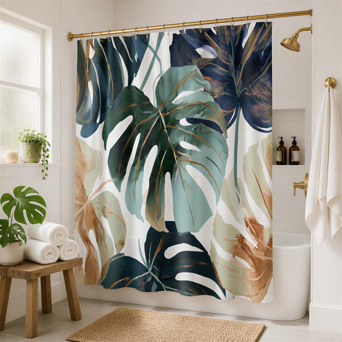 a bathroom with a shower curtain adorned with a tropical leaf pattern in shades of blue, green, and brown. The shower curtain is hanging from a gold rod, and there are several bottles of shampoo and conditioner placed on the counter. A wooden stool is positioned next to the shower curtain, and a potted plant is visible in the background.