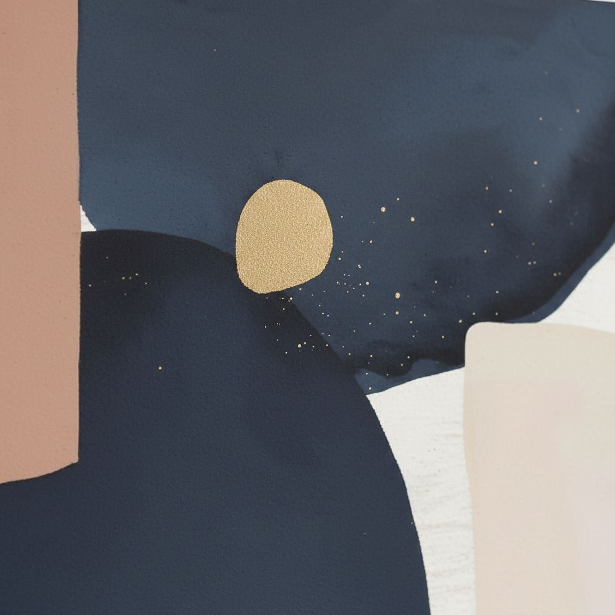 The image is an abstract art piece with a dark blue background and a gold circle in the center.