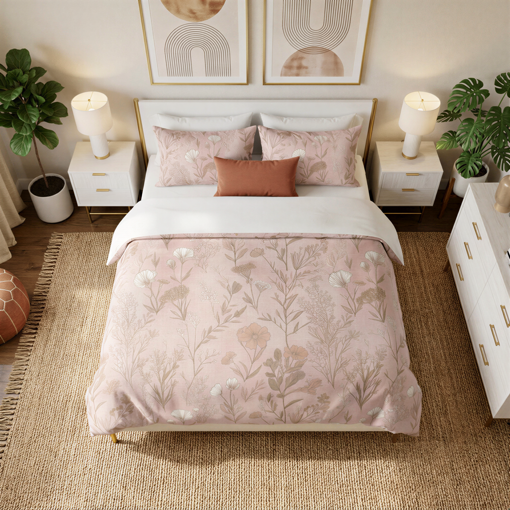 a well-decorated bedroom with a large bed, white nightstands, and a dresser. The bed is covered in a pink and white floral comforter, and there are two lamps on the nightstands. The room also features a rug, potted plants, and artwork on the walls.