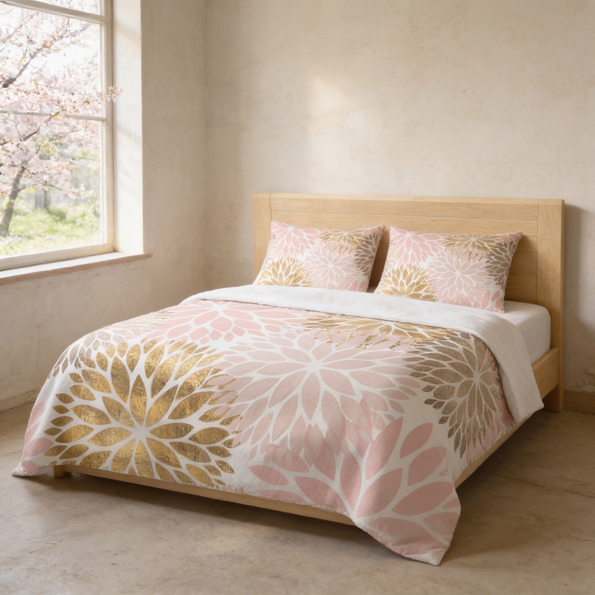 a bedroom with a bed featuring a floral print comforter and pillows. The bed is positioned against a wall with a window, allowing natural light to enter the room.