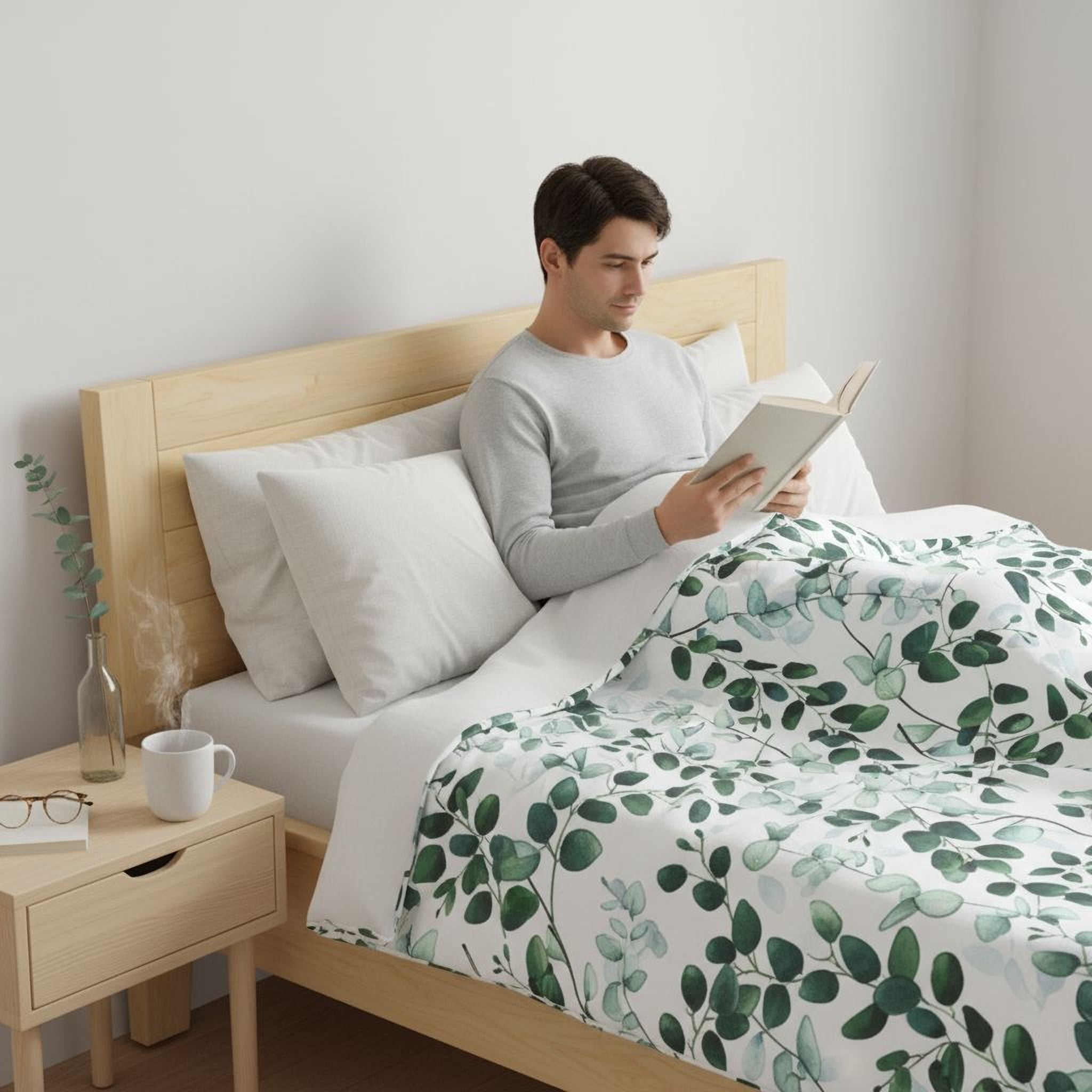 A man is sitting on a bed, reading a book while wearing a gray sweater.