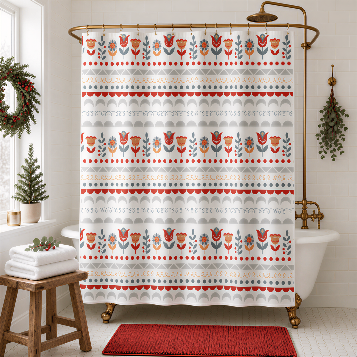 a bathroom with a shower curtain adorned with a repeating pattern of flowers and leaves in shades of red, white, and gray. The shower curtain is hanging from a gold rod, and there is a small Christmas wreath on the wall next to the shower. The bathroom also includes a wooden stool, a white bathtub, and a red rug on the floor.
