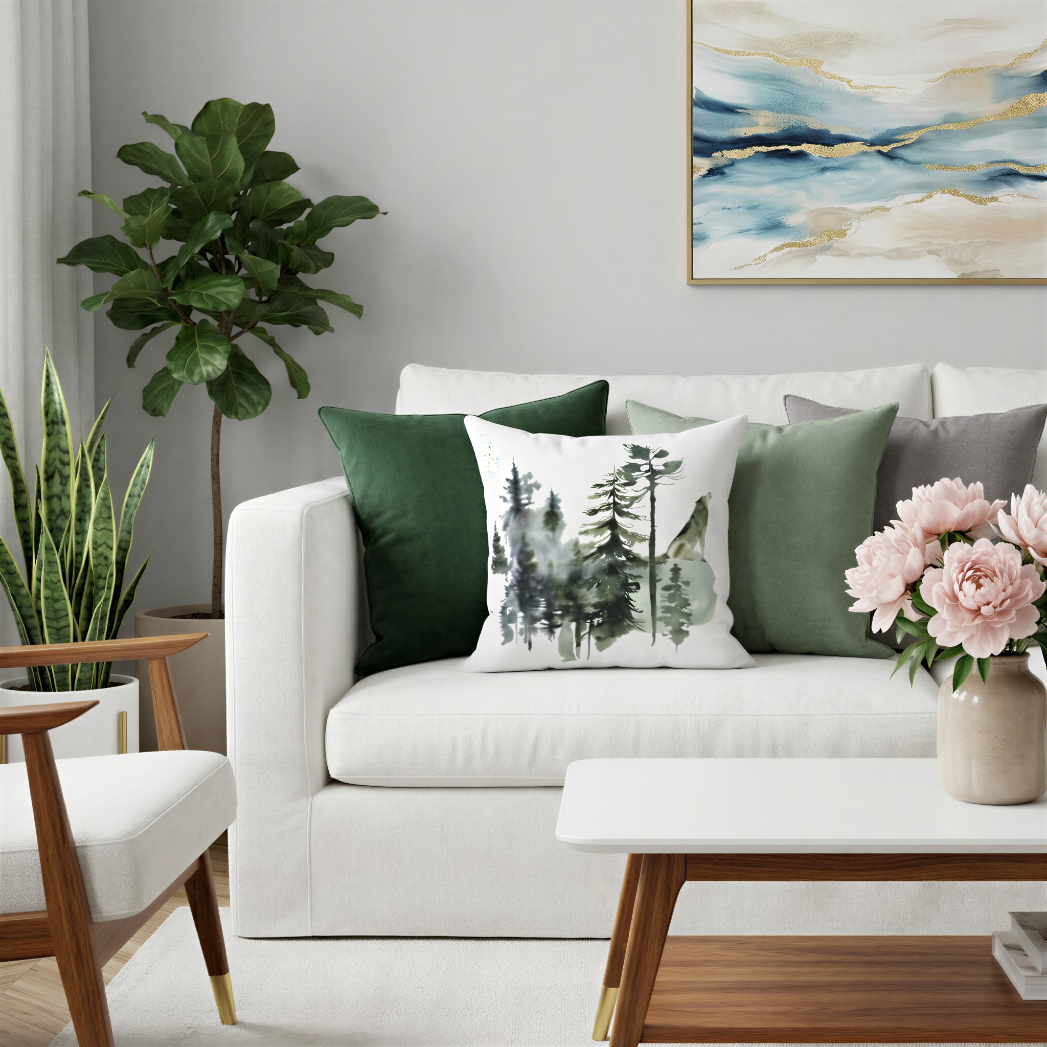 a cozy living room with a white sofa adorned with green and white throw pillows, a wooden coffee table, and a painting of trees on the wall. The room is decorated with potted plants and a vase of pink flowers, creating a warm and inviting atmosphere.