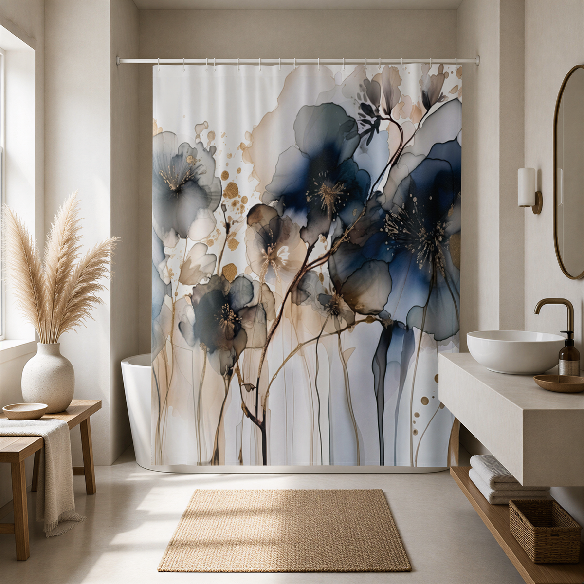a modern bathroom with a large floral shower curtain featuring blue and white flowers. The bathroom has a minimalist design with a white sink, a wooden vanity, and a large window.