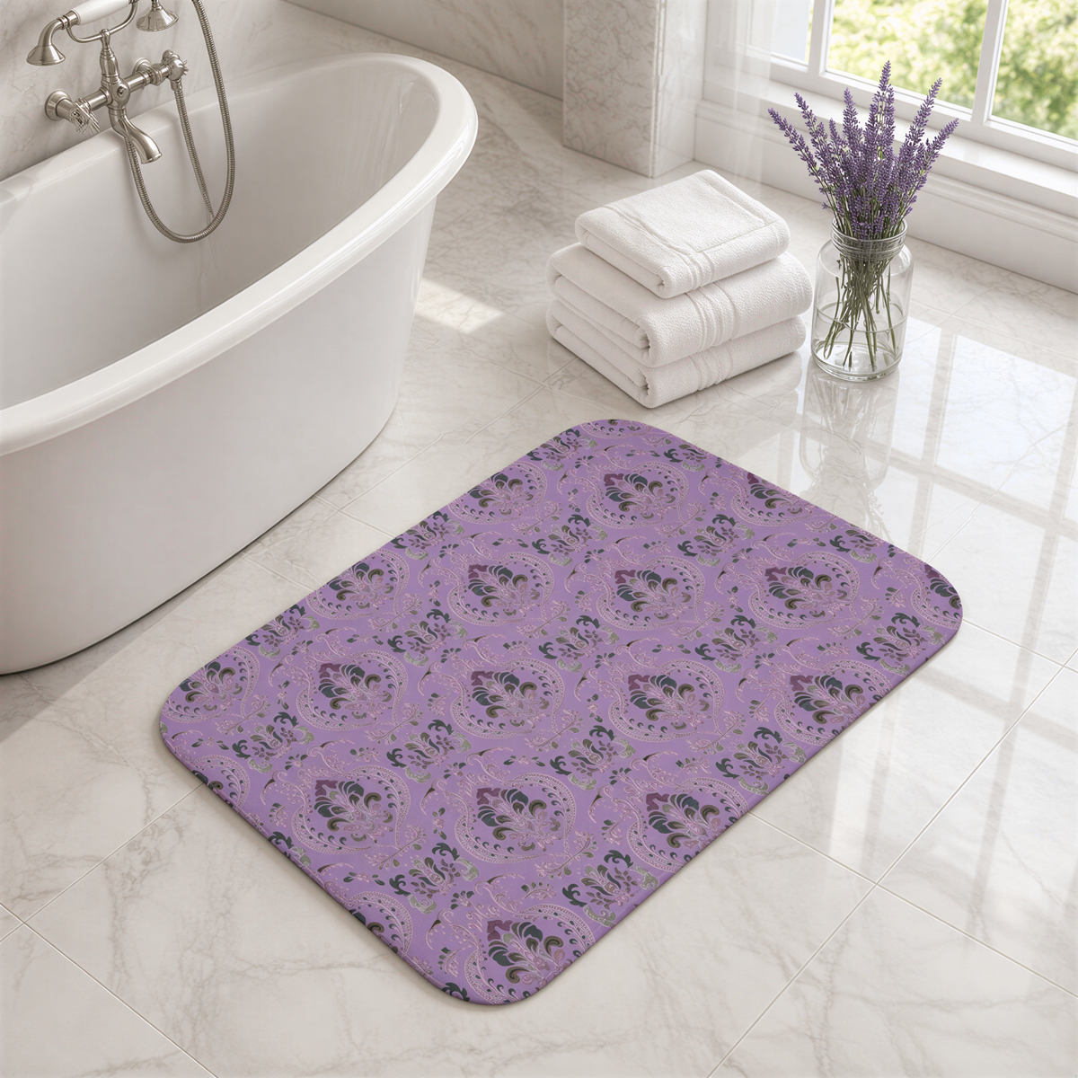 a bathroom with a white bathtub, a purple patterned bath mat, and a vase of purple flowers on the floor.