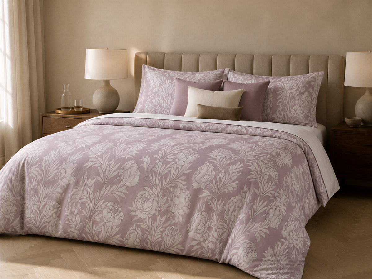 a bedroom with a large bed covered in a floral comforter and pillows. The bed is positioned against a wall with a headboard. There are two nightstands on either side of the bed, each with a lamp. The room has a neutral color scheme, with the floral comforter and pillows providing a touch of color.