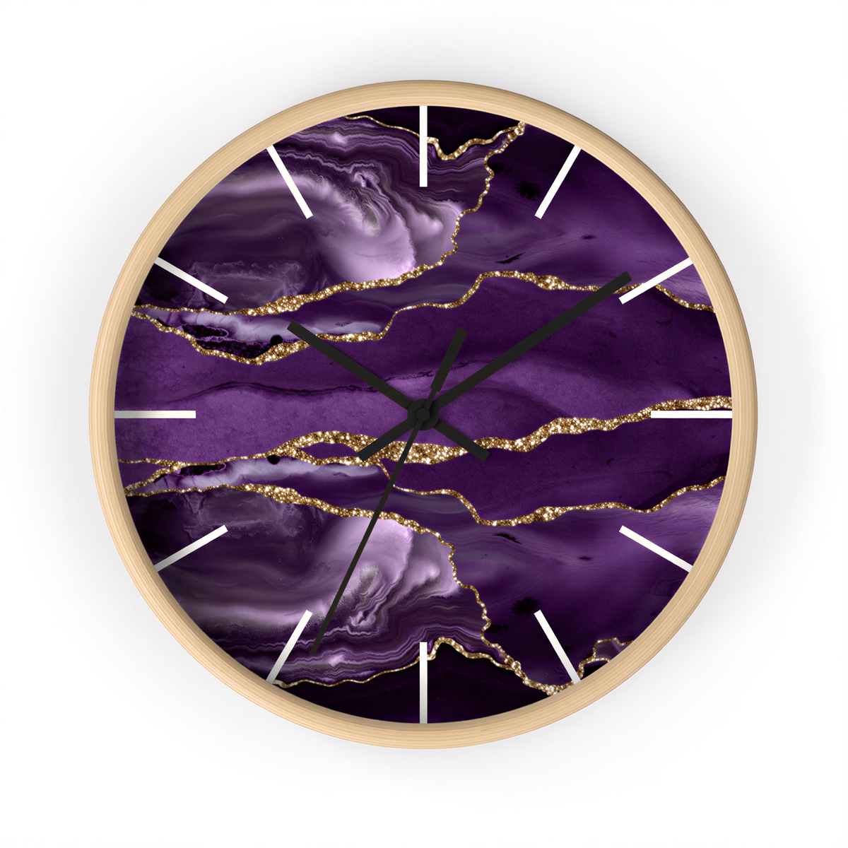 Marble Print Wood Wall Clock Purple Gold mounted in a hallway