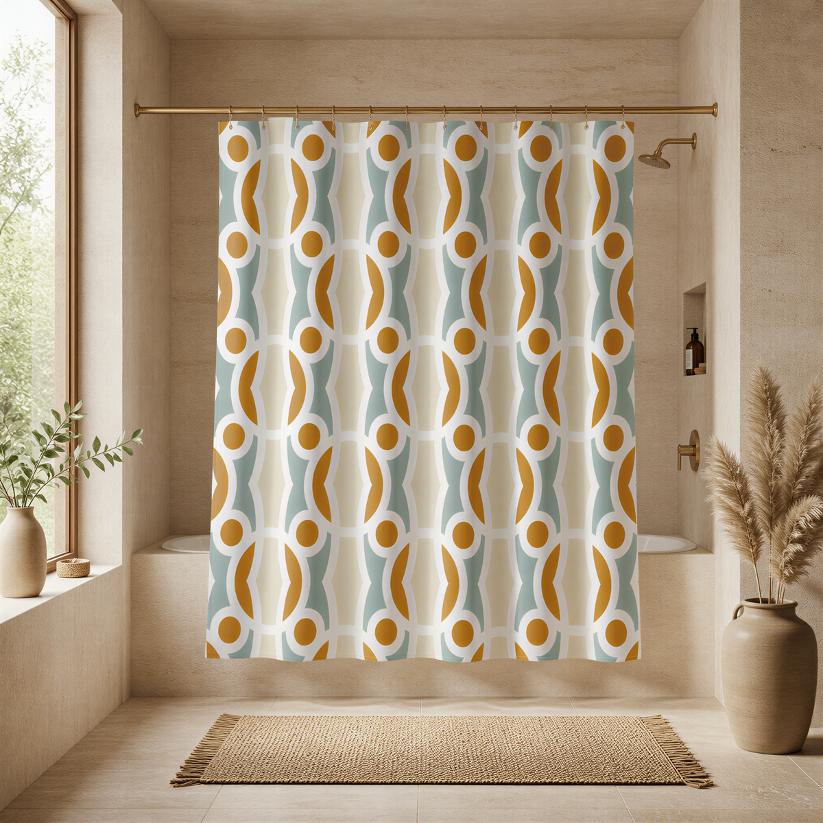 a bathroom with a shower curtain adorned with a repeating pattern of circles and lines in shades of orange, white, and blue. The shower area is equipped with a shower head and a bathtub, and the room is decorated with potted plants and a rug.