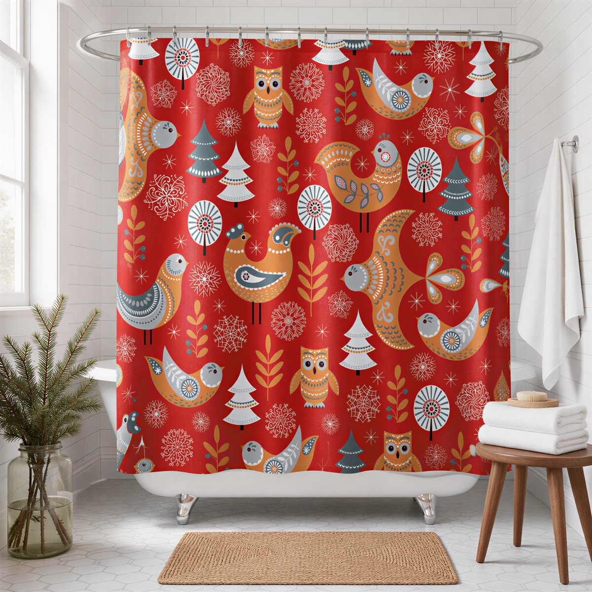 a bathroom with a red shower curtain adorned with a pattern of owls, snowflakes, and pine trees. The shower curtain is hanging from a rod above a white bathtub. The bathroom also includes a wooden stool, a potted plant, and a towel rack.