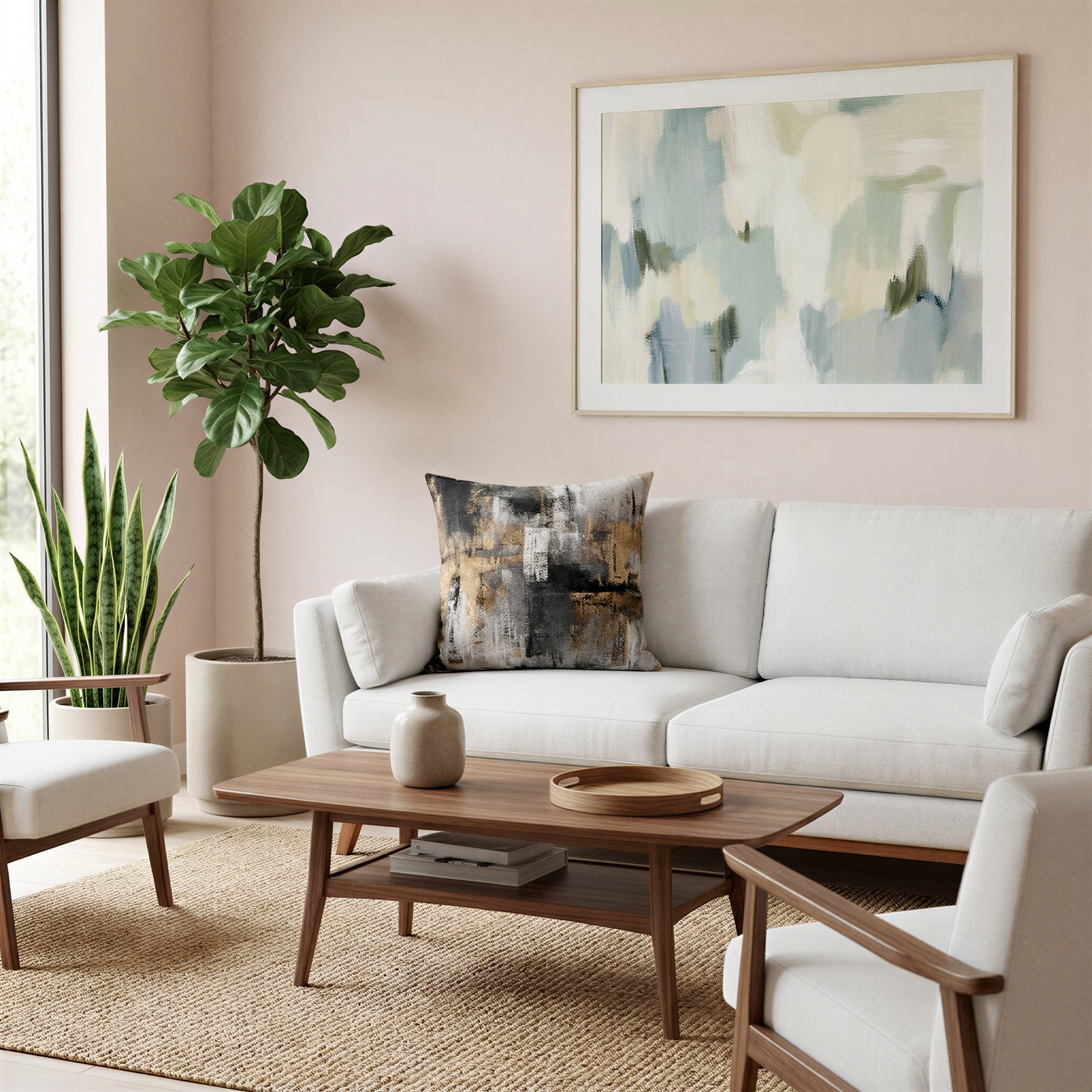 a cozy living room with a white sofa, a wooden coffee table, and a large abstract painting on the wall. The room is decorated with potted plants and other home decor items, creating a warm and inviting atmosphere.