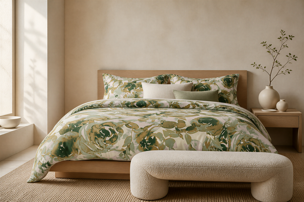 a serene and modern bedroom with a large bed adorned with a floral print comforter and pillows. The bed is positioned against a wall with a window, allowing natural light to fill the space. A wooden nightstand is located next to the bed, and a white vase with a plant adds a touch of greenery to the room. The overall color scheme of the room is predominantly neutral, with the floral print bedding providing a pop of color.