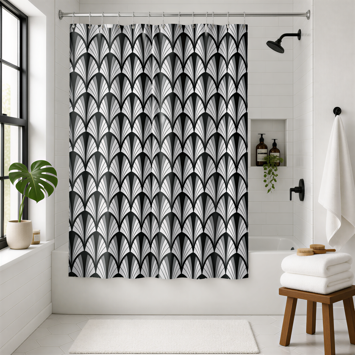 a modern bathroom with a black and white patterned shower curtain, a wooden stool, and a potted plant.