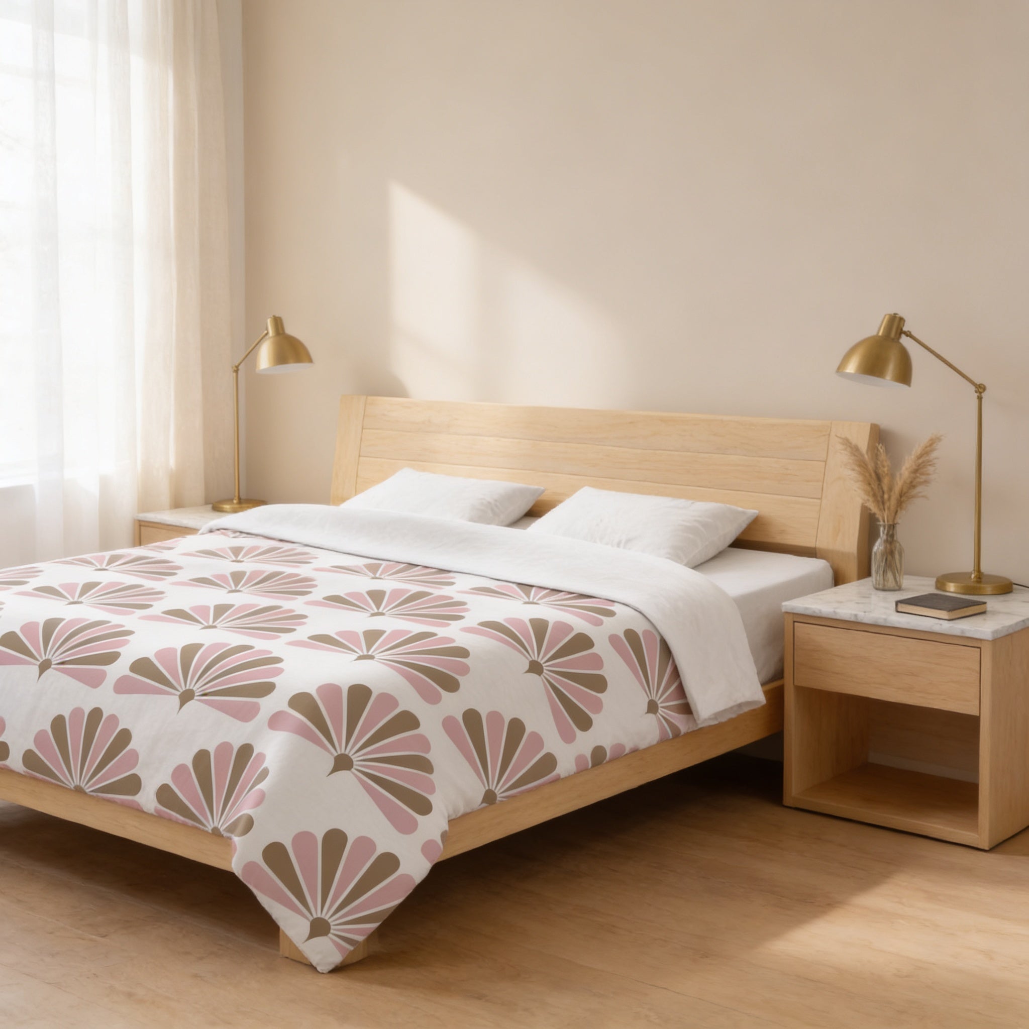 a serene and modern bedroom with a wooden bed frame, white bedding, and two nightstands with lamps. The room has a minimalist and clean design, with a focus on the bed and its accessories.