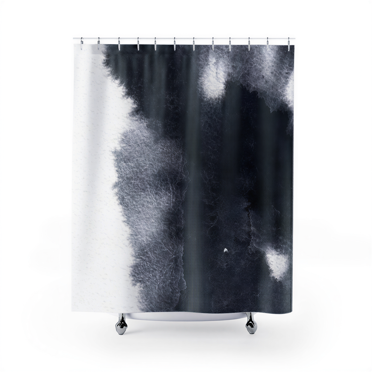 Abstract Shower Curtain Navy White hanging in a bathroom