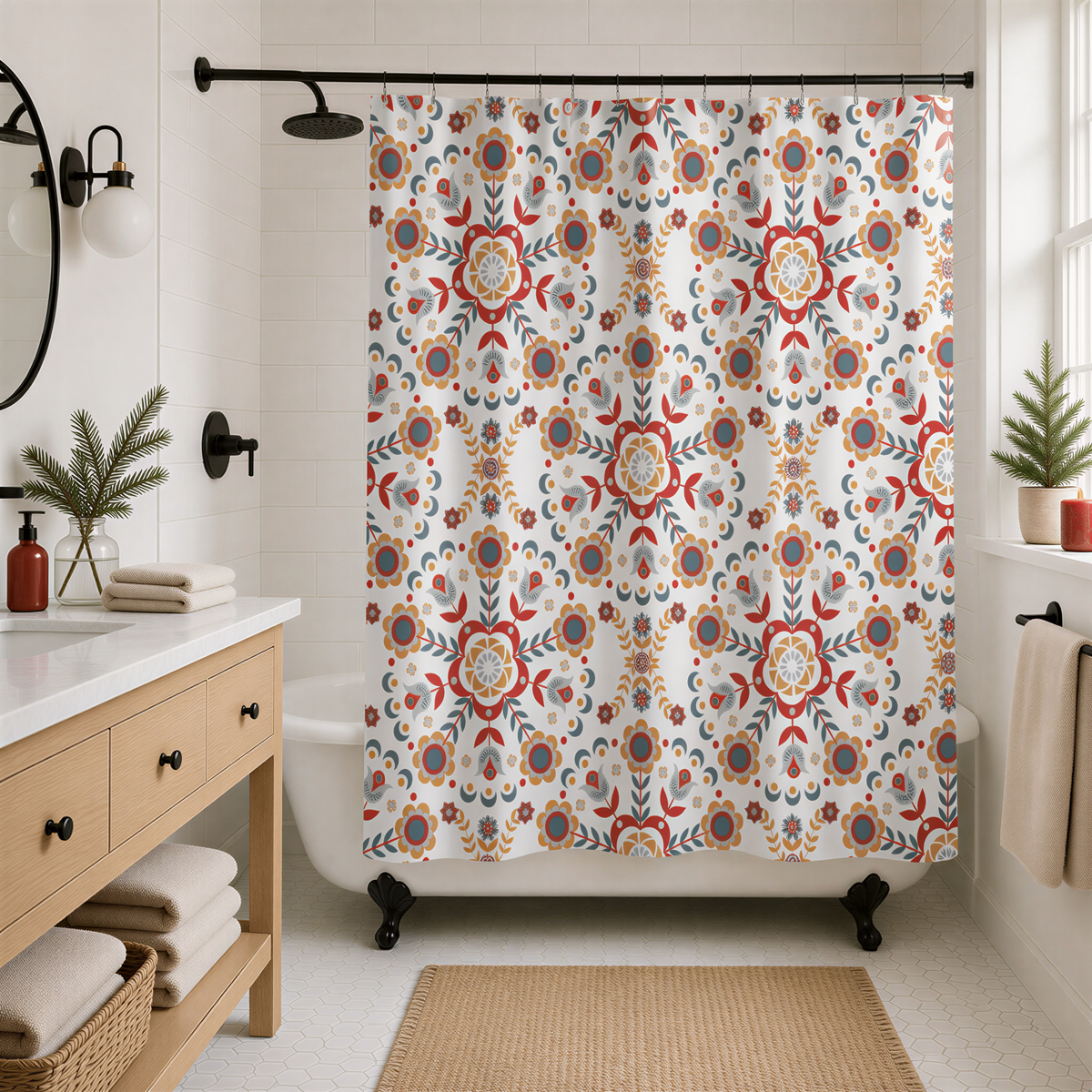 a bathroom with a white bathtub, a shower curtain with a colorful floral pattern, and a wooden vanity with drawers. There are also some plants and towels in the room.