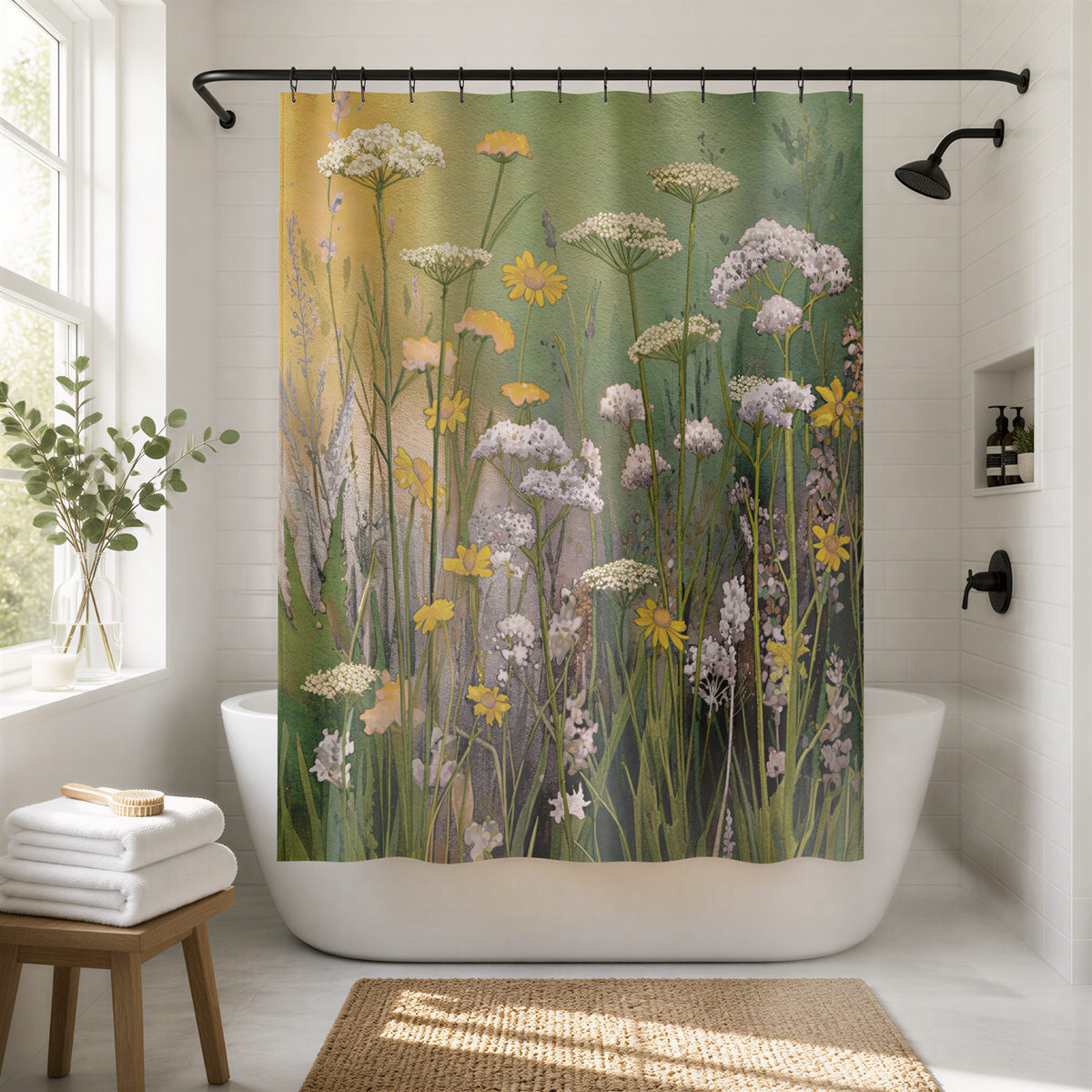 a bathroom with a shower curtain featuring a vibrant floral design.