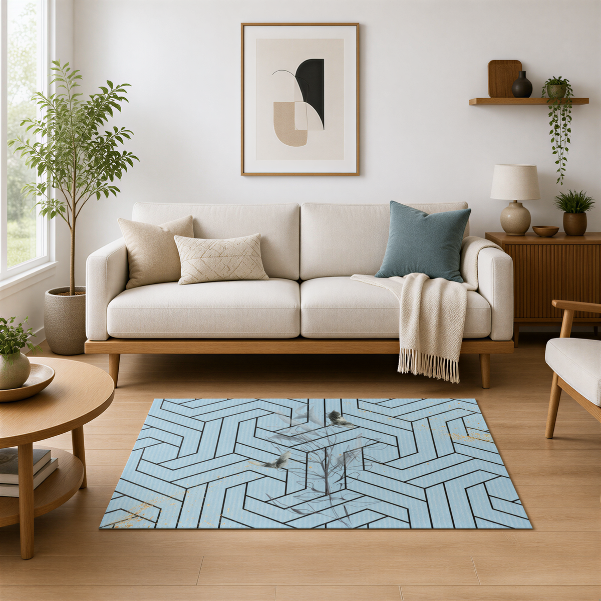 a modern living room with a white sofa, a wooden coffee table, and a large abstract rug on the floor. The room is decorated with various plants, vases, and other home decor items, creating a cozy and inviting atmosphere.