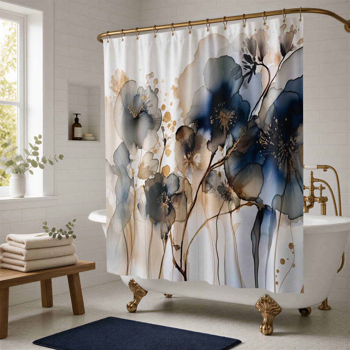 a bathroom with a white bathtub, a blue rug, and a shower curtain with a floral design in shades of blue, gold, and white.