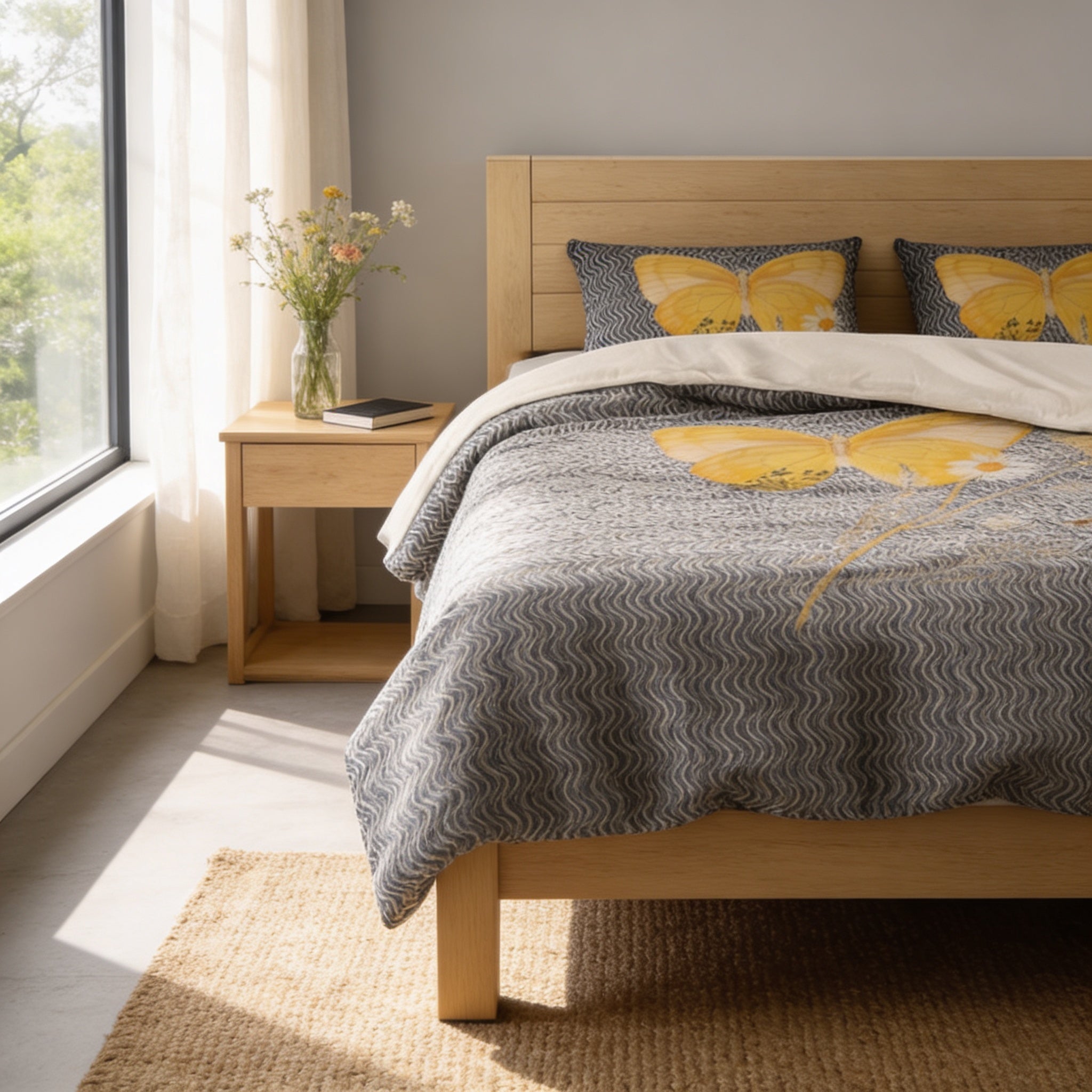 a cozy bedroom with a wooden bed frame, a gray and white patterned comforter, and yellow butterfly-themed pillows. The room has a window with white curtains, and there is a small table with a vase of flowers and a book on it. The overall color scheme and arrangement of the room create a warm and inviting atmosphere.