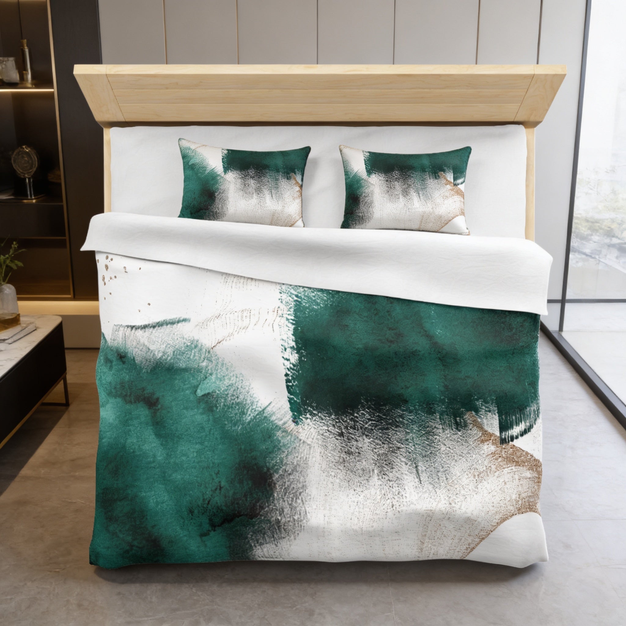 a modern bedroom with a large bed featuring a green and white abstract watercolor print as the main focal point. The bed is set against a backdrop of a wooden headboard and a window, creating a serene and stylish atmosphere.