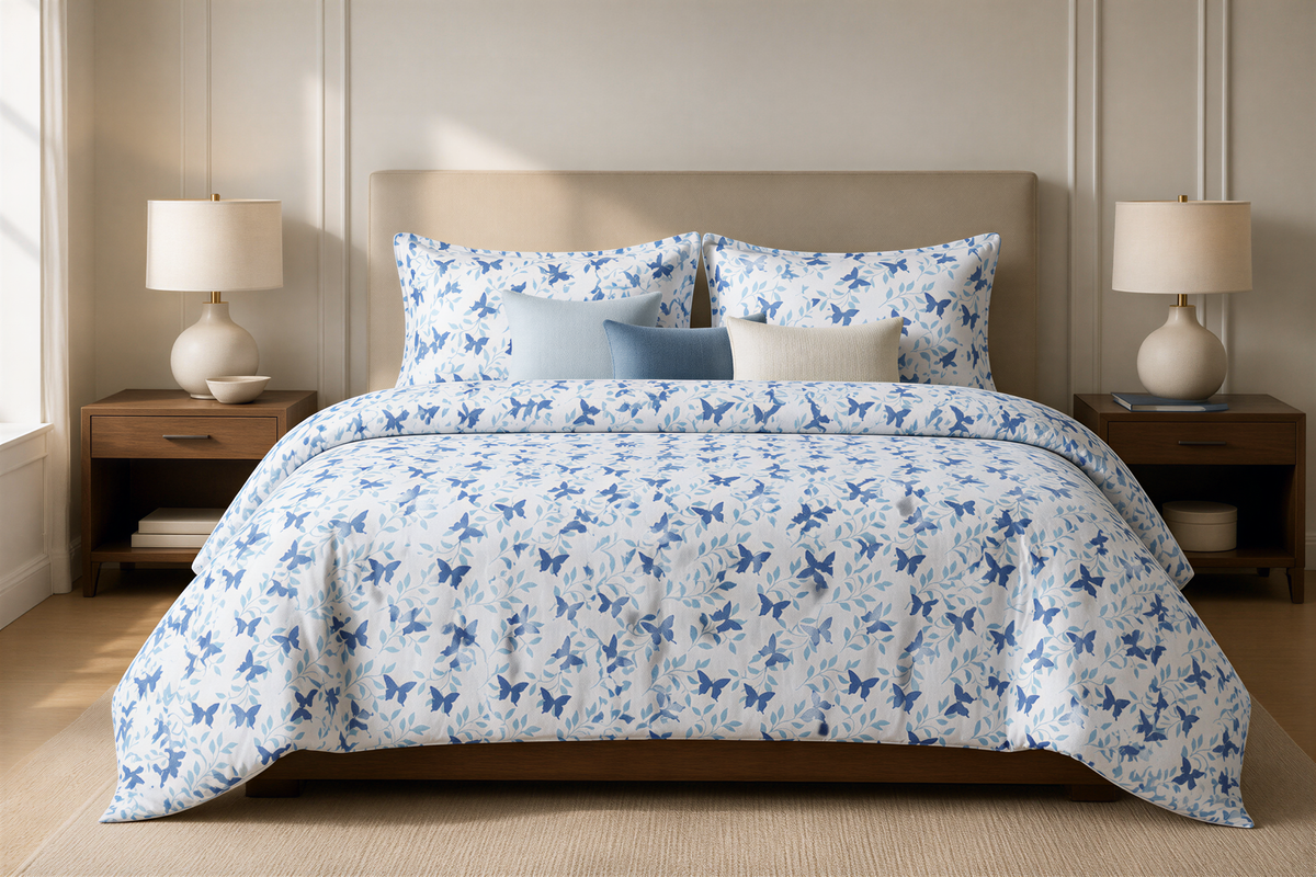 a bedroom with a large bed covered in a blue and white floral comforter. The bed is flanked by two nightstands, each with a lamp. The room has a neutral color scheme with white walls and a beige carpet.
