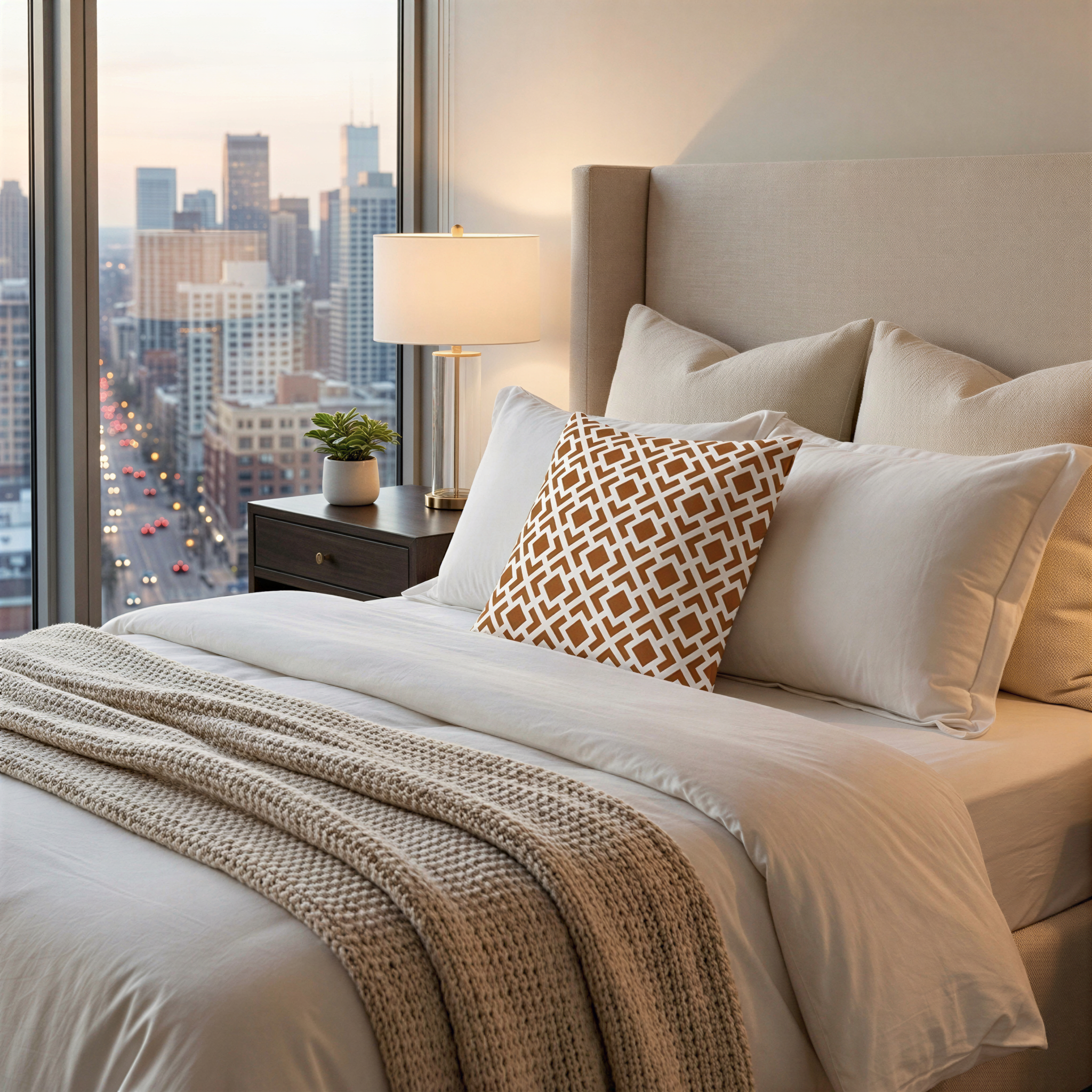 a well-decorated bedroom with a large bed, a nightstand, and a cityscape visible through the window.