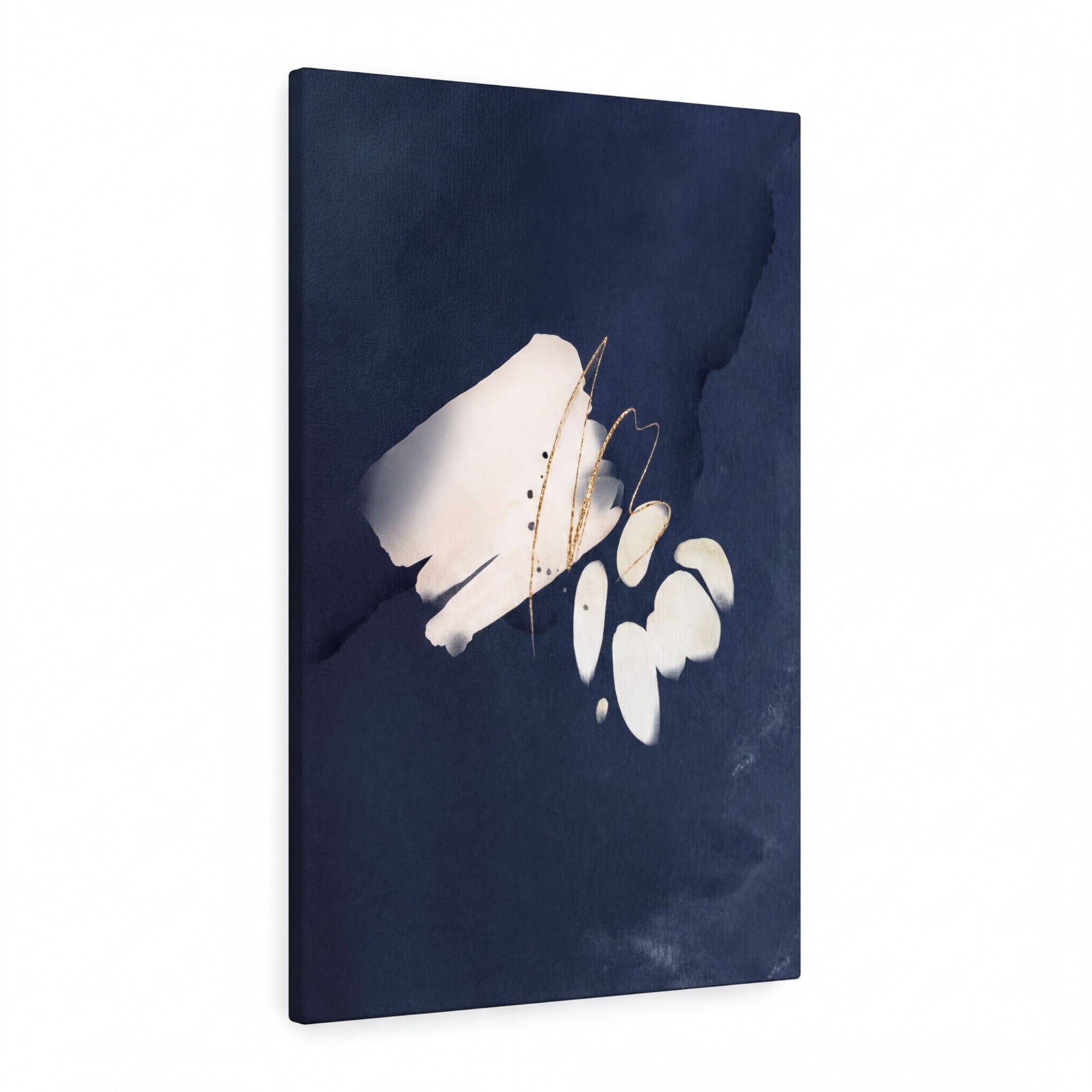 Navy blue, cream and white abstract wall canvas art in a bright contemporary space