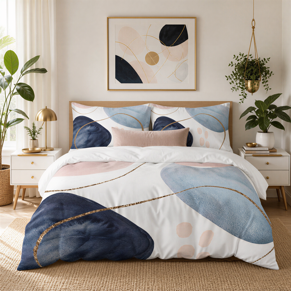 a modern and stylish bedroom with a large bed, a framed abstract artwork on the wall, and various decorative elements such as potted plants and a rug.