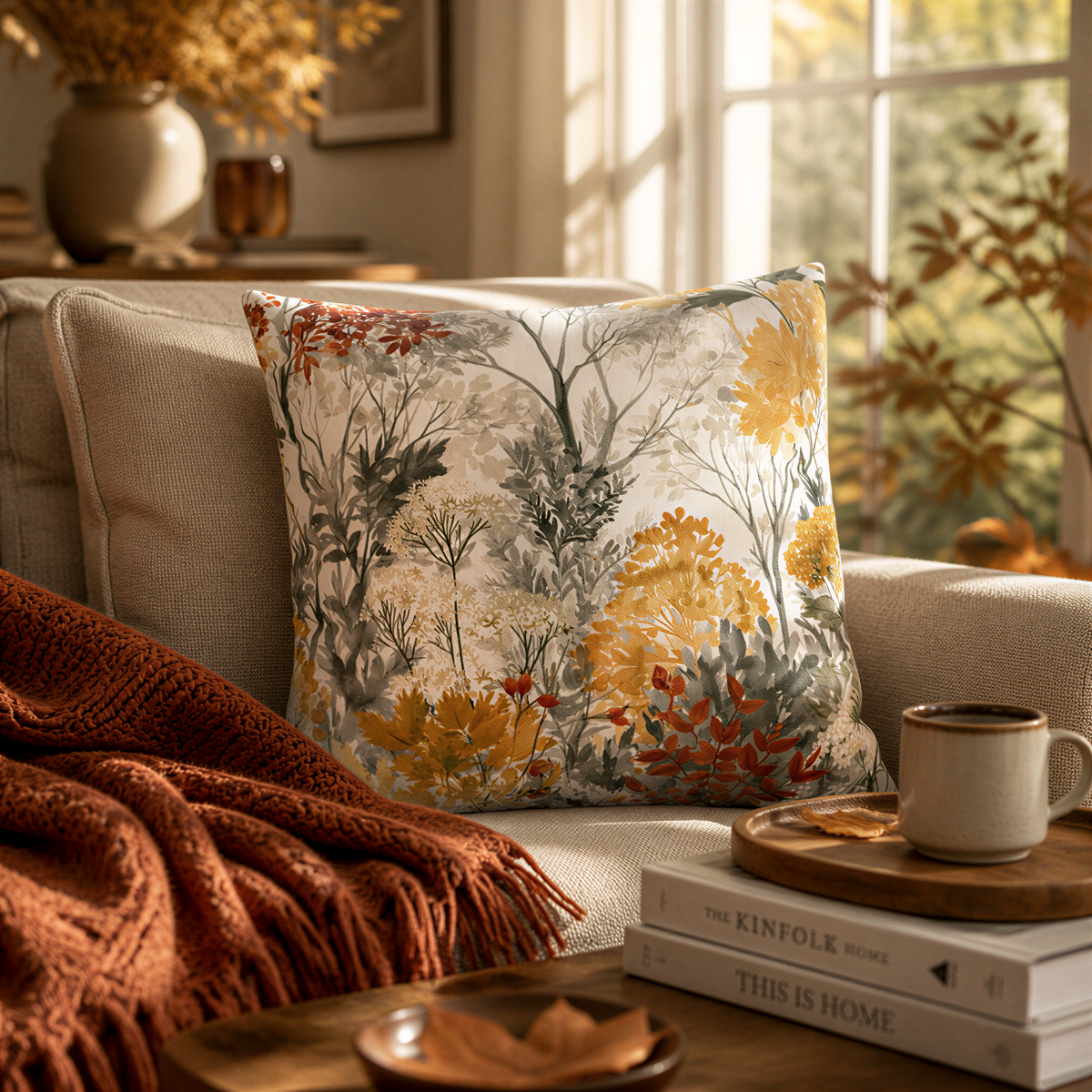 a cozy living room with a beige sofa, a decorative pillow with a floral pattern, a stack of books, a mug, and a vase of flowers.