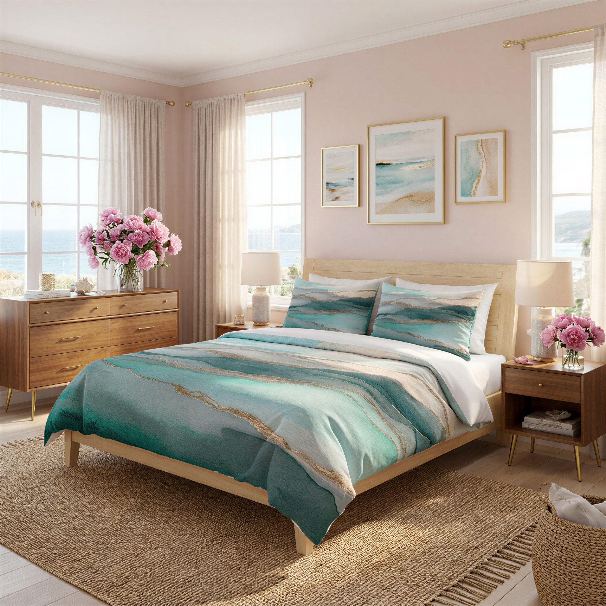 a serene and well-decorated bedroom with a large bed, a wooden dresser, and a window overlooking the ocean. The bed is covered in a blue and green striped comforter, and there are pink flowers on the dresser. The room has a warm and inviting atmosphere, with natural light coming in through the windows and a view of the ocean.